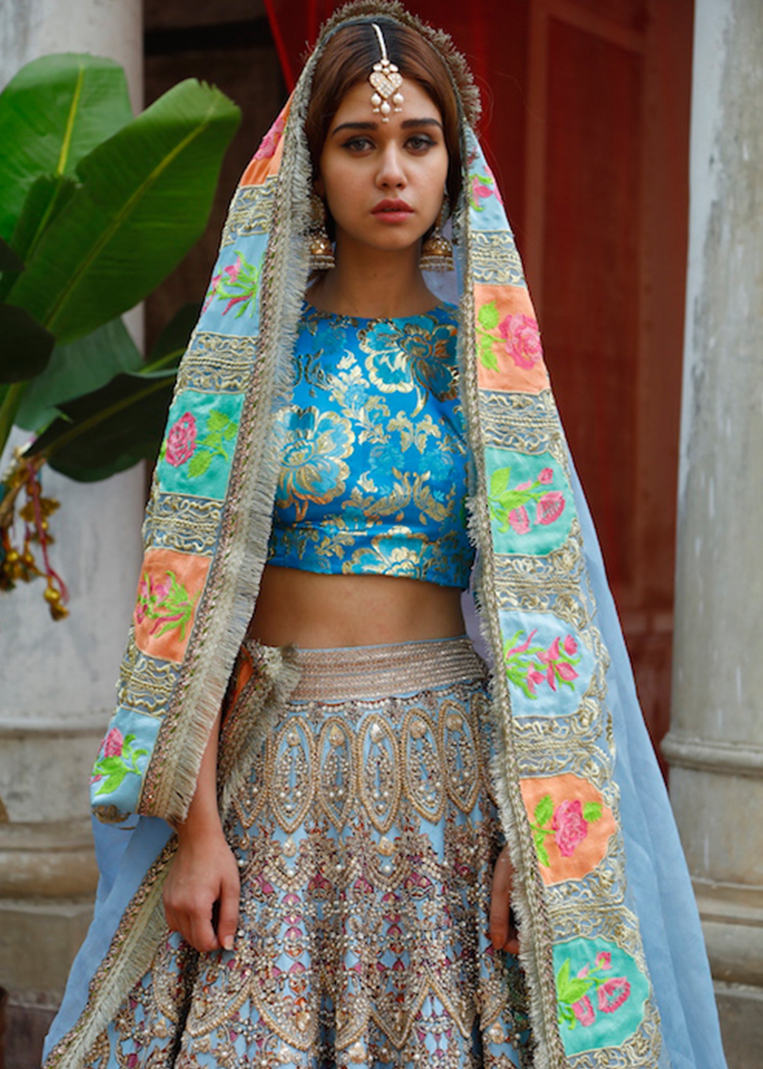 Blue Embellished Raw Silk Lehenga (3-Piece) - Image 3