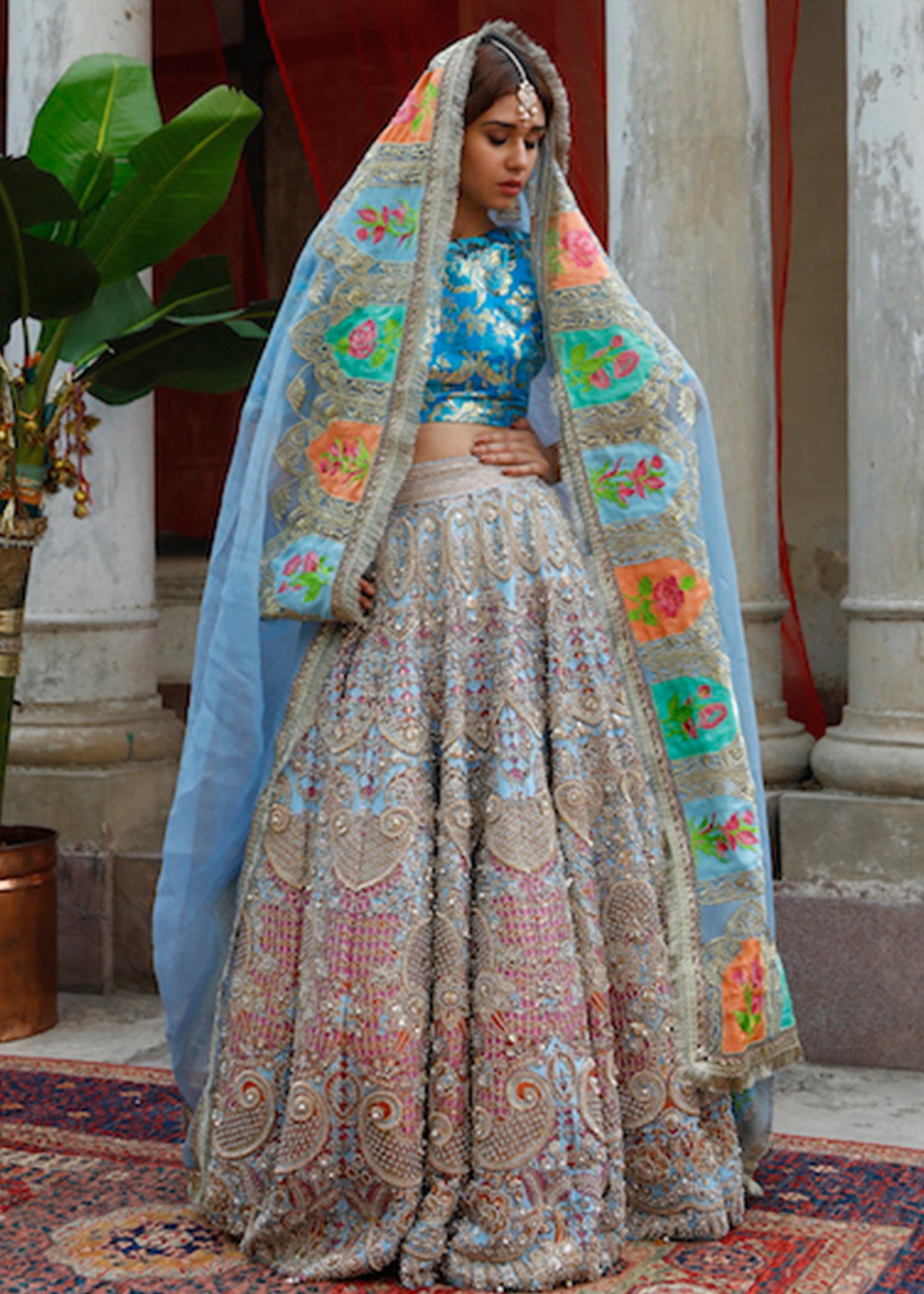 Blue Embellished Raw Silk Lehenga (3-Piece) - Image 5