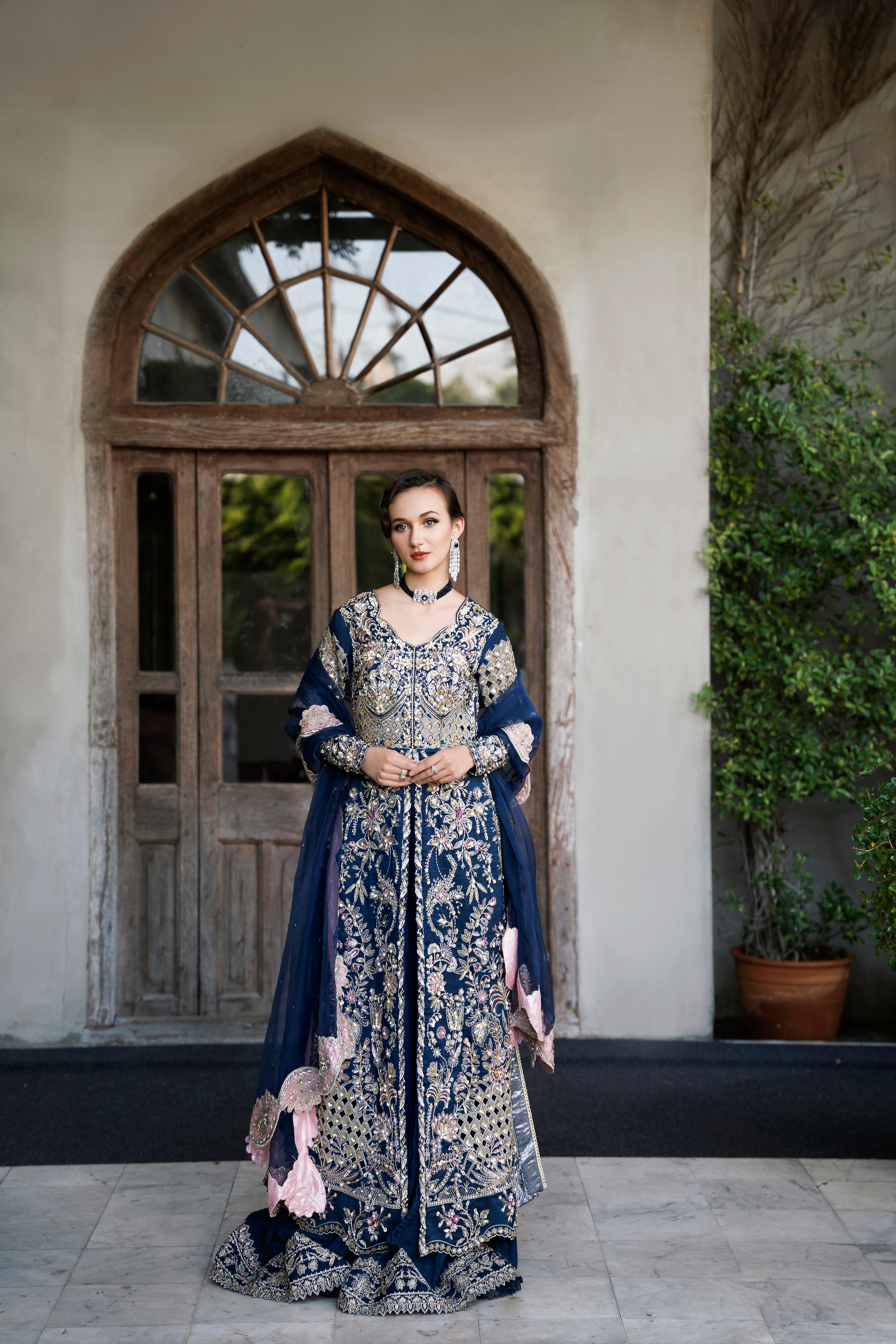 Berry Blue Embroidered Raw Silk Lehenga (3-Piece) - Image 1