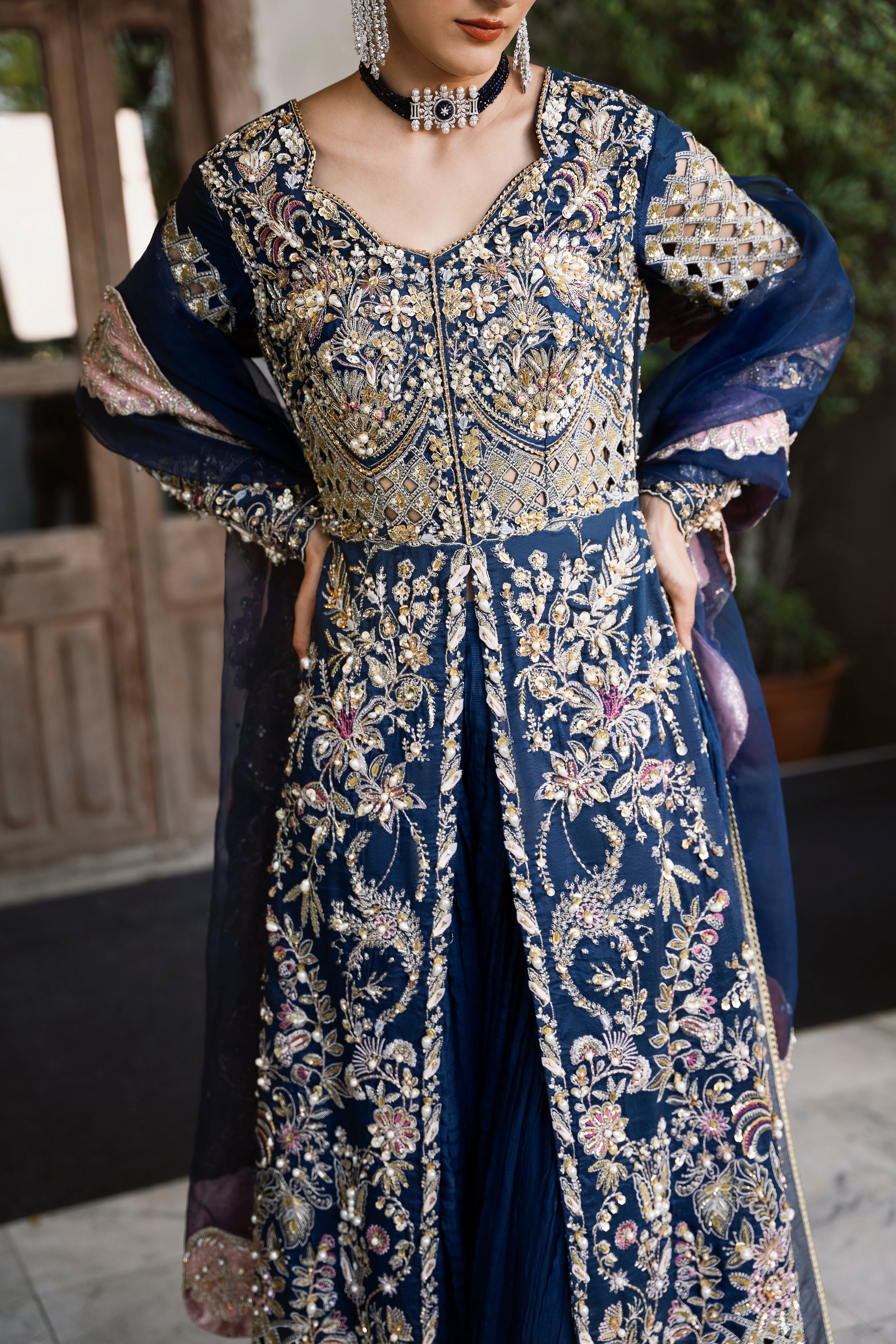 Berry Blue Embroidered Raw Silk Lehenga (3-Piece) - Image 3