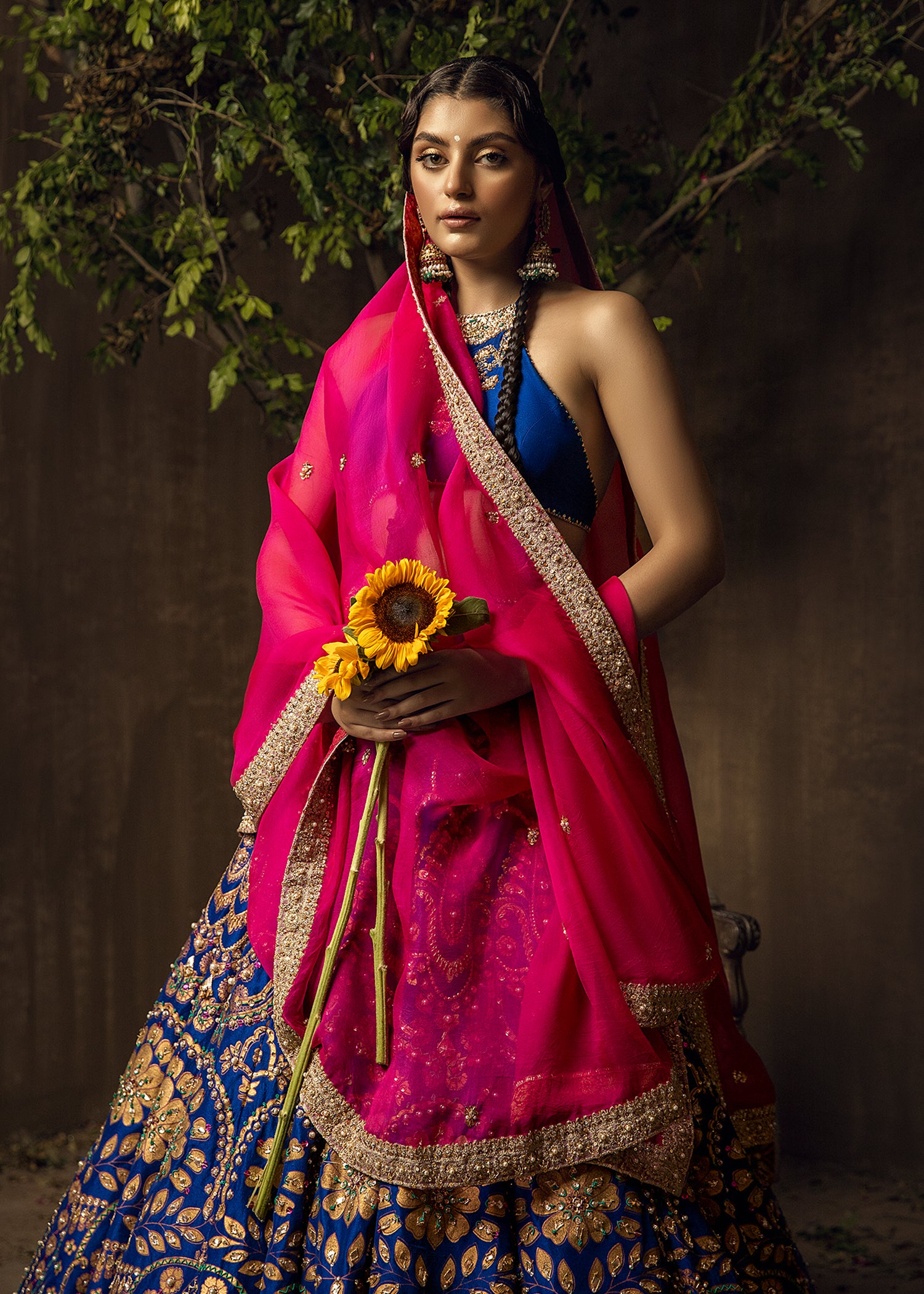 Royal Blue Embroidered Raw Silk Lehenga (3-Piece) - Image 2