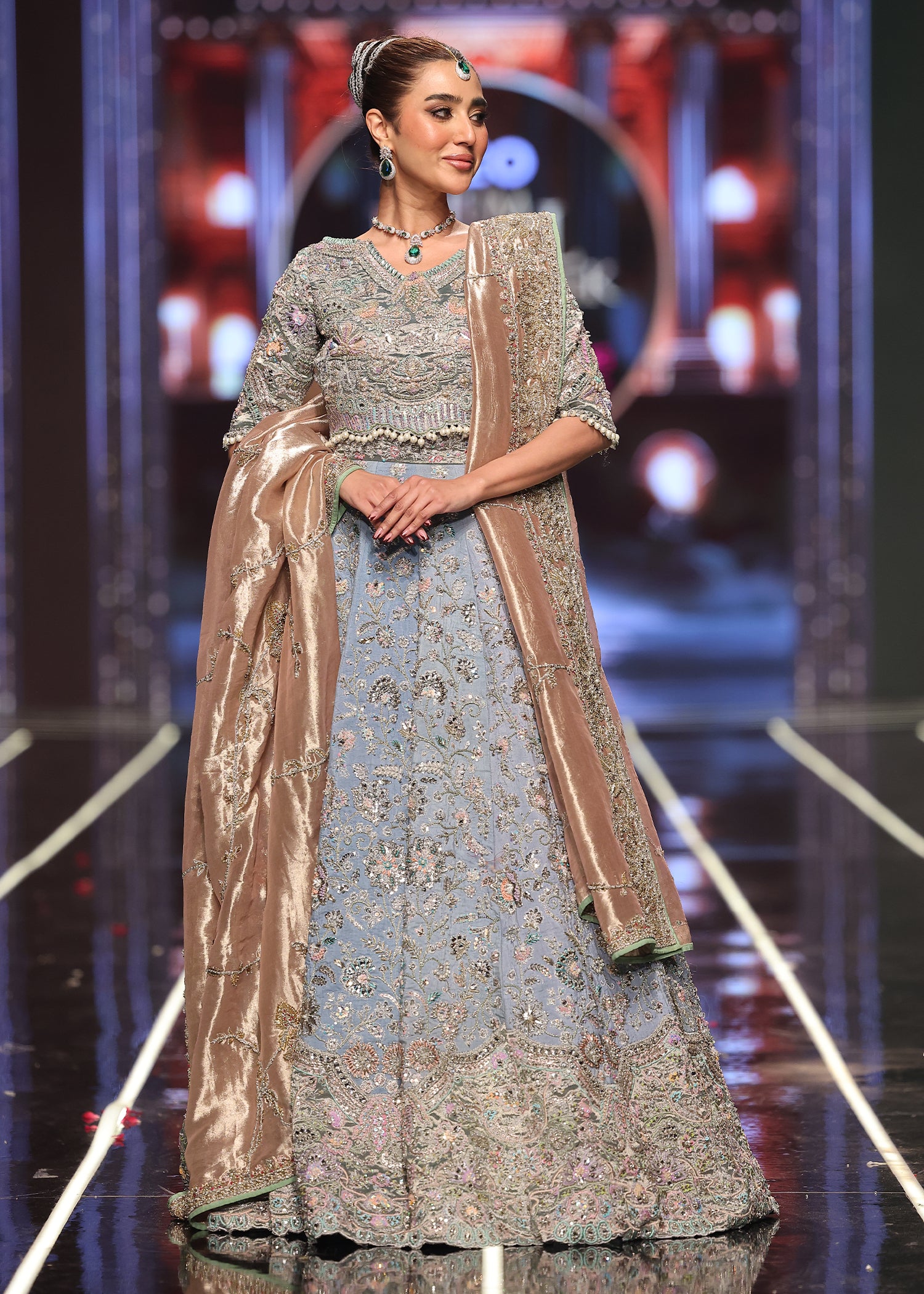 Pakistani Sky Blue Embroidered Raw Silk Lehenga Choli (3-Piece) - Image 2