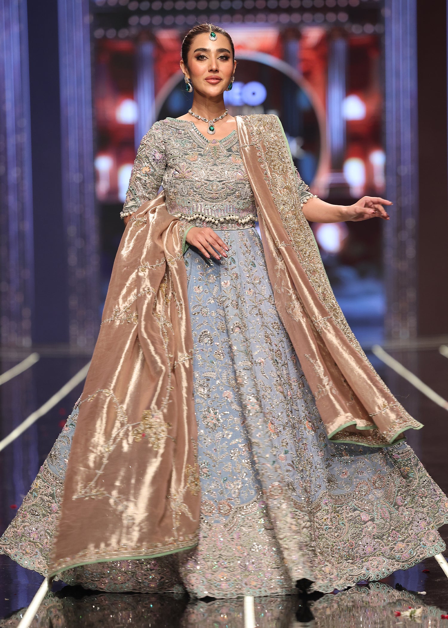 Pakistani Sky Blue Embroidered Raw Silk Lehenga Choli (3-Piece) - Image 3