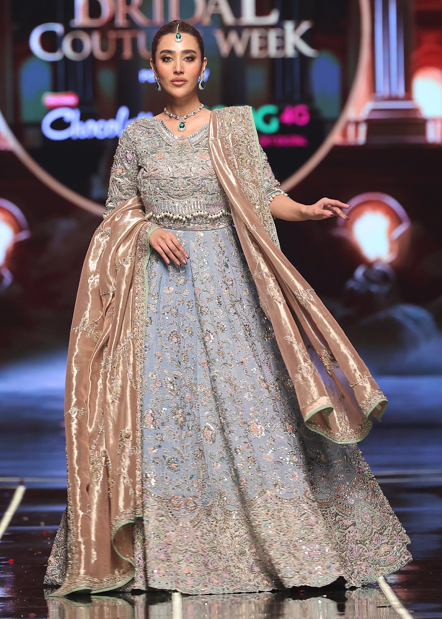 Pakistani Sky Blue Embroidered Raw Silk Lehenga Choli (3-Piece) - Image 4