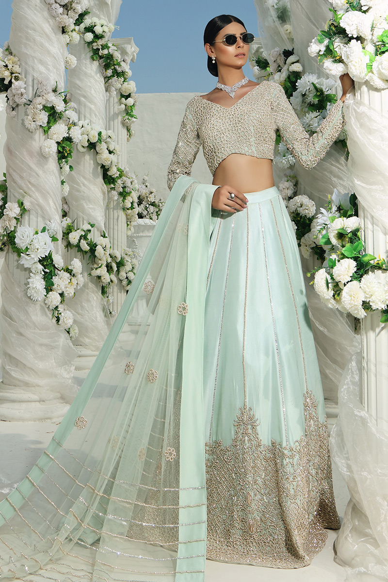 Powder Blue Hand-Embellished Raw Silk Lehenga (3-Piece) - Image 1