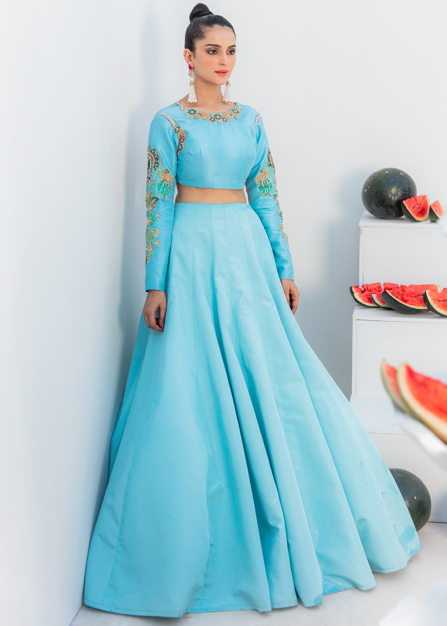 Pakistani Powder Blue Resham Embroidered Raw Silk Lehenga (2-Piece) - Image 1
