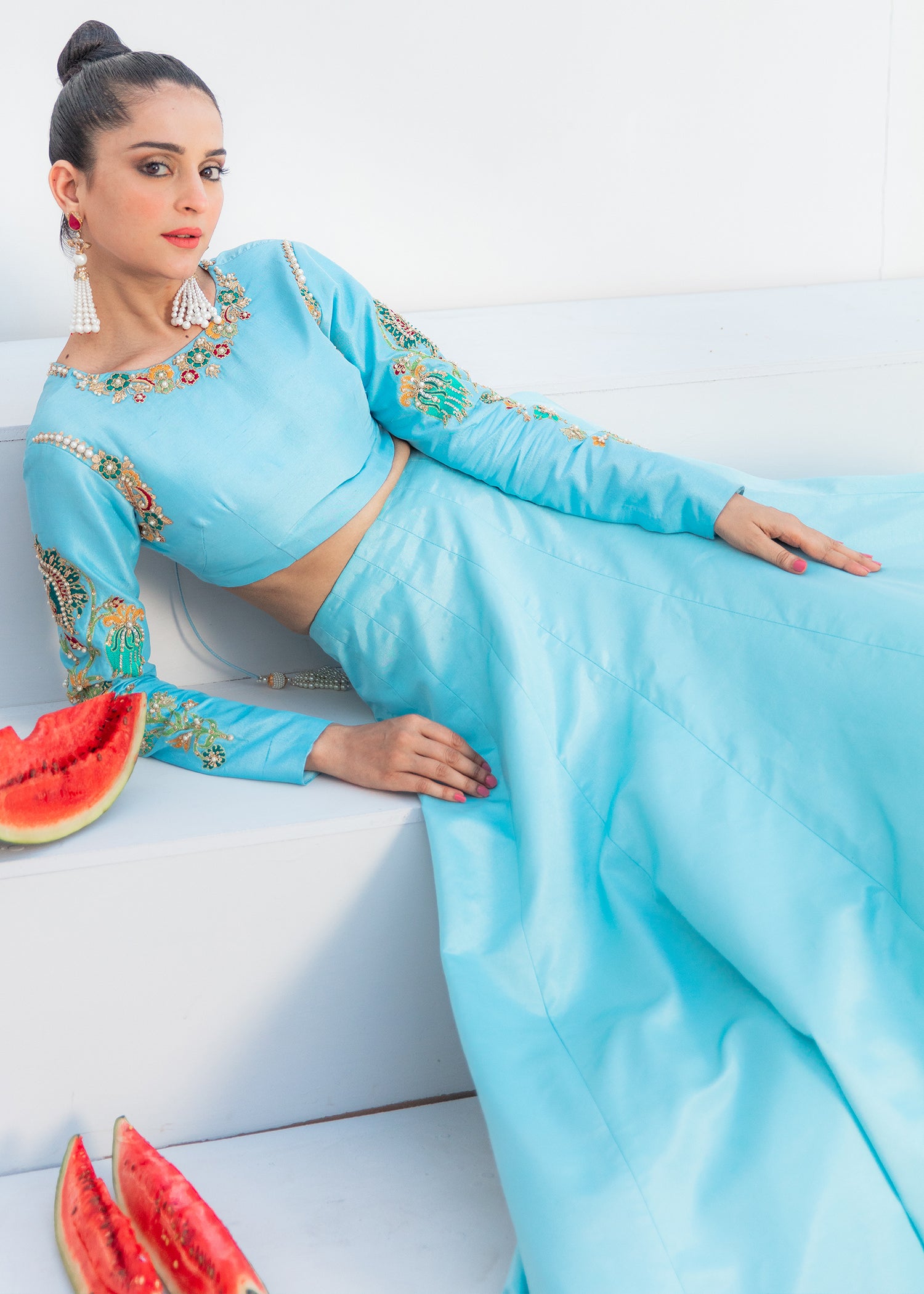 Pakistani Powder Blue Resham Embroidered Raw Silk Lehenga (2-Piece) - Image 3
