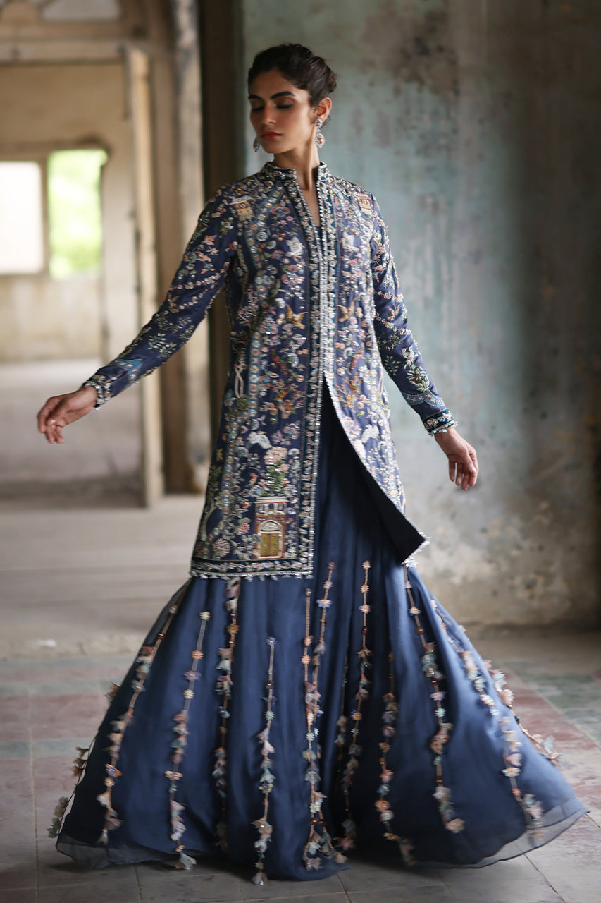 Pakistani Grey-Blue Embroidered Raw Silk Jacket Lehenga (3-Piece) - Image 2