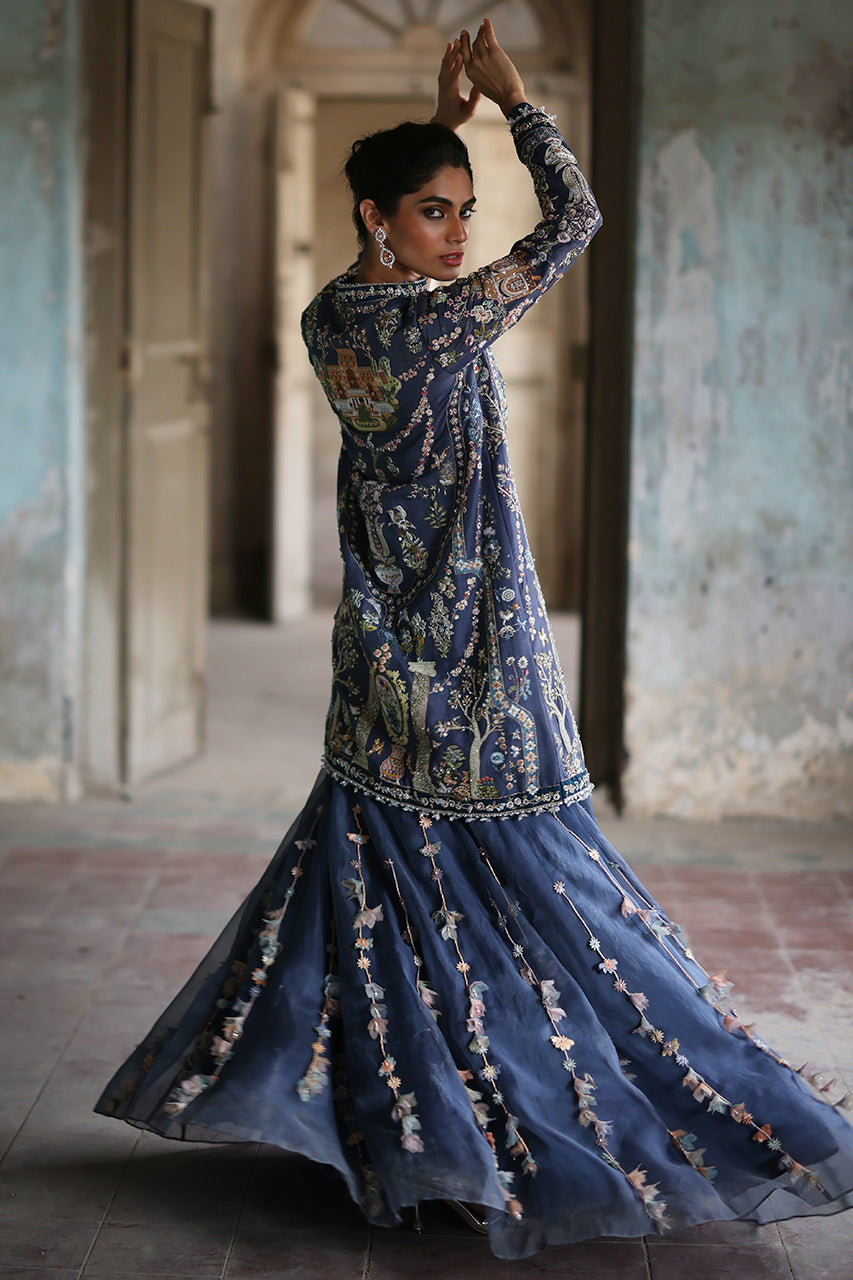 Pakistani Grey-Blue Embroidered Raw Silk Jacket Lehenga (3-Piece) - Image 3