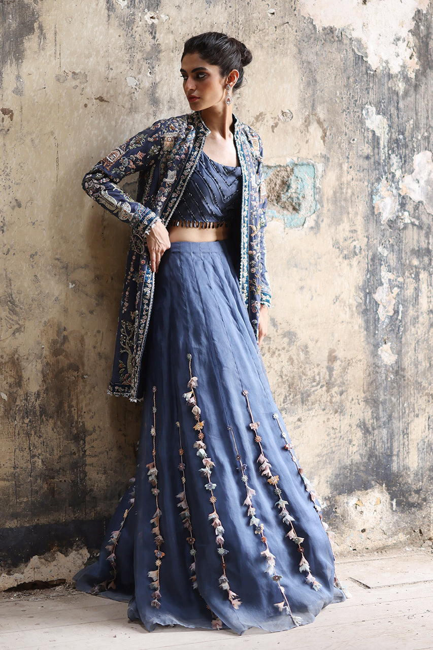 Pakistani Grey-Blue Embroidered Raw Silk Jacket Lehenga (3-Piece) - Image 4