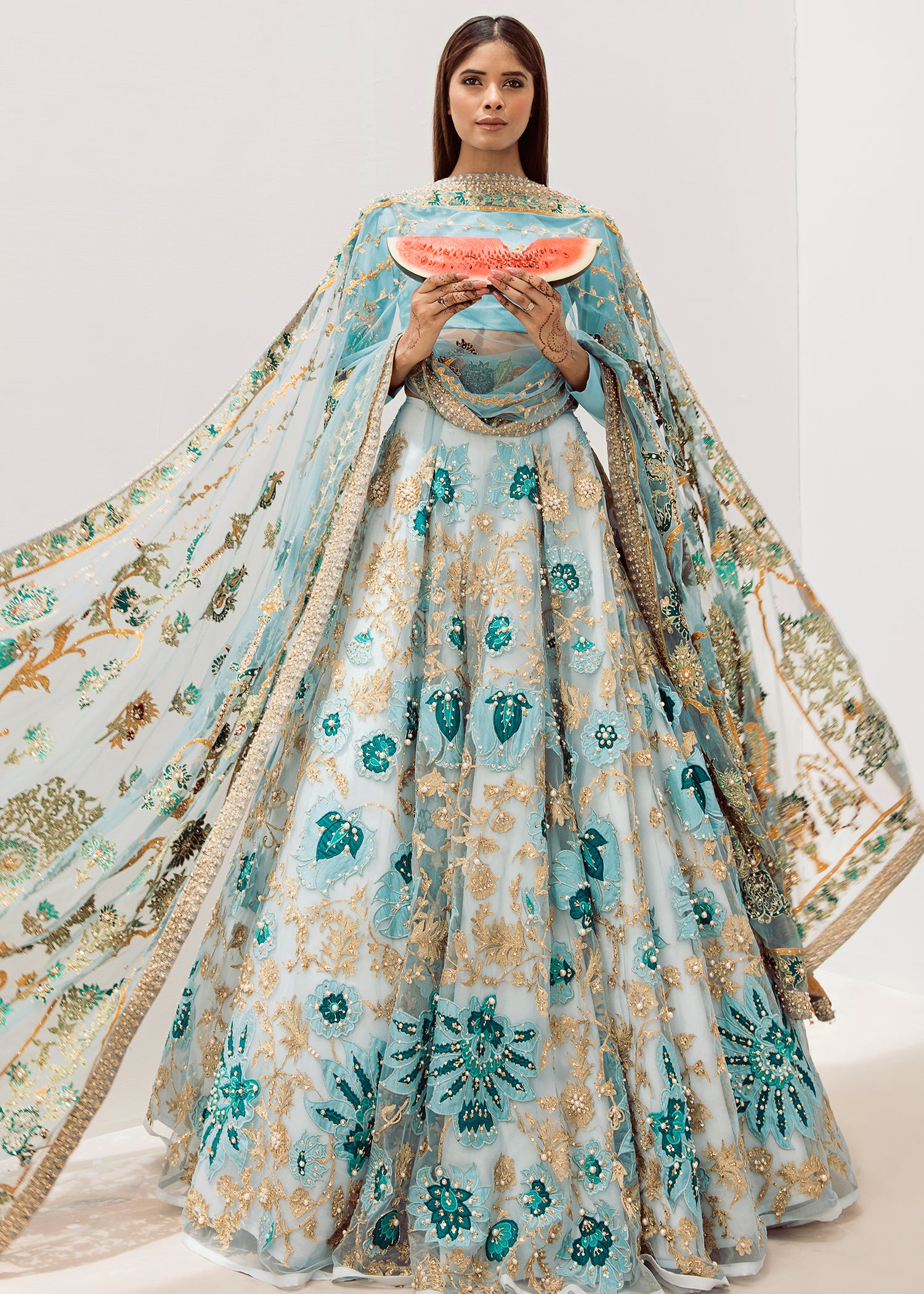 Pakistani Carolina Blue Embroidered Net Lehenga (3-Piece) - Image 1