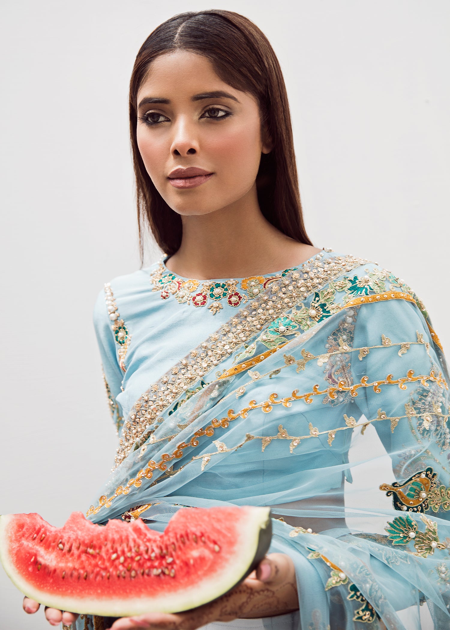 Pakistani Carolina Blue Embroidered Net Lehenga (3-Piece) - Image 3