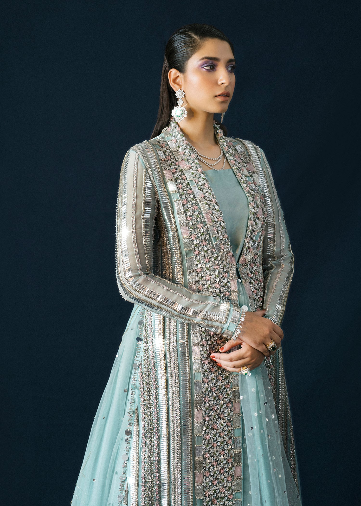 Pakistani Ice Blue Embellished Organza Jacket Lehenga (3-Piece) - Image 10