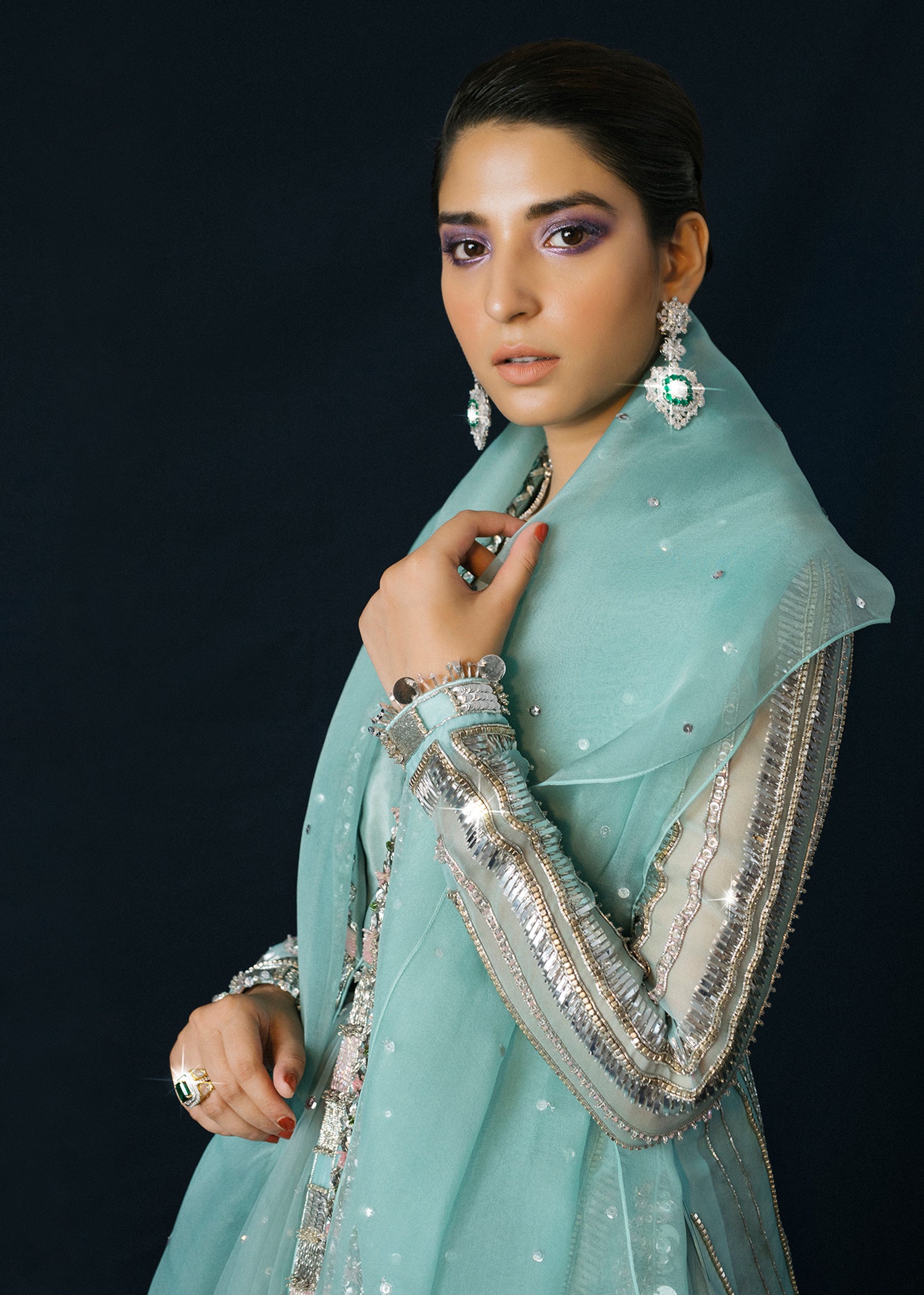 Pakistani Ice Blue Embellished Organza Jacket Lehenga (3-Piece) - Image 11