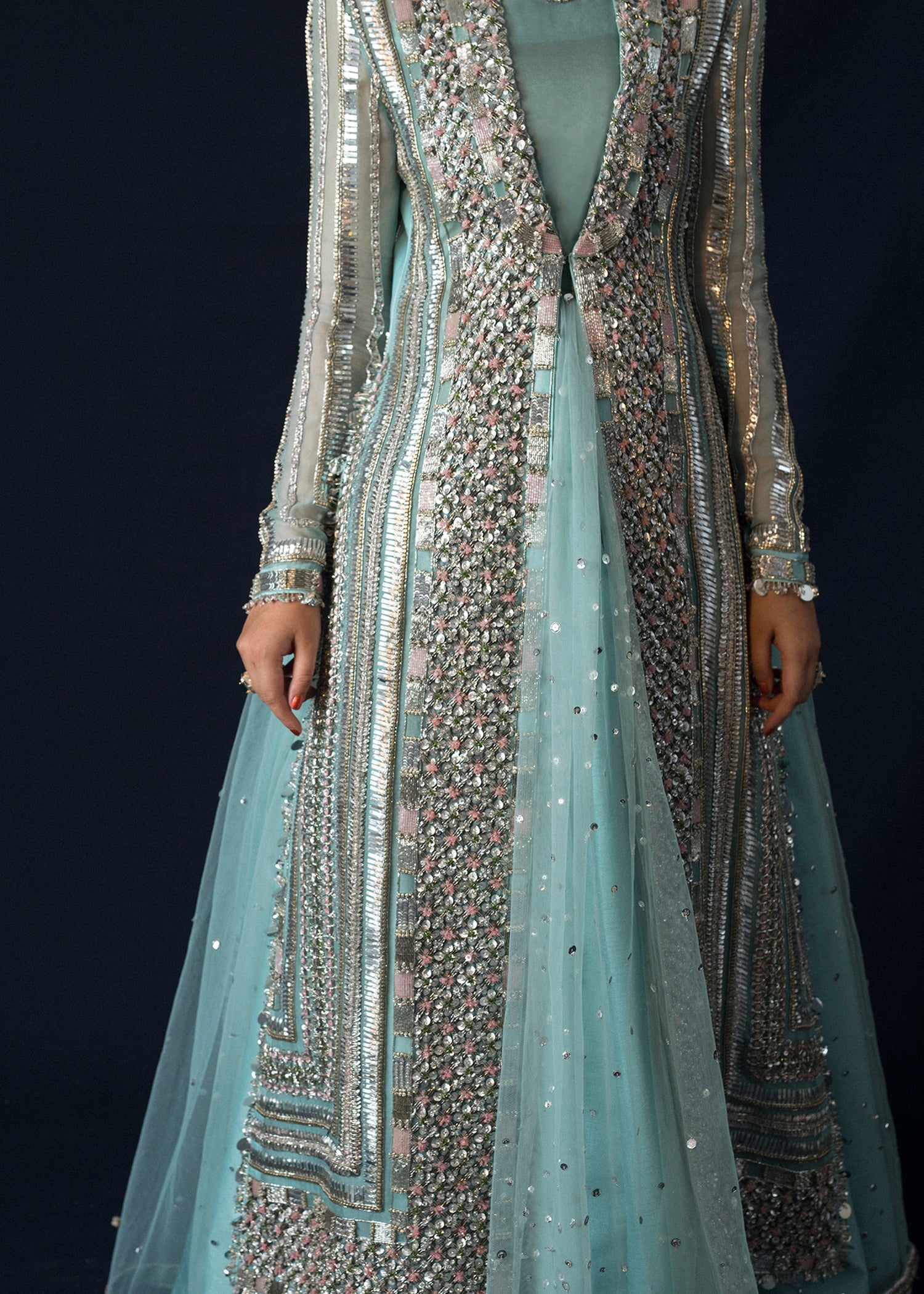 Pakistani Ice Blue Embellished Organza Jacket Lehenga (3-Piece) - Image 12