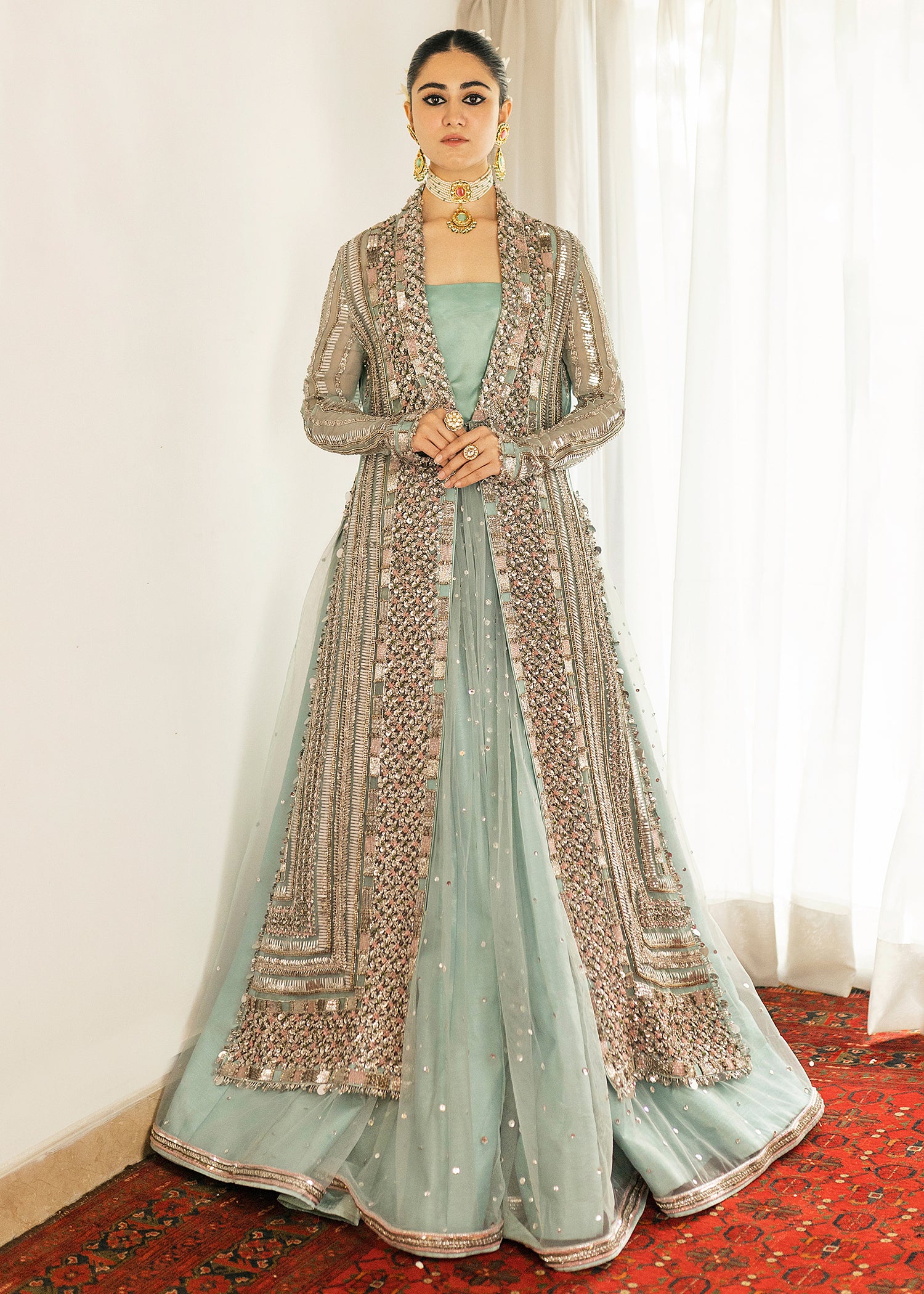 Pakistani Ice Blue Embellished Organza Jacket Lehenga (3-Piece) - Image 2