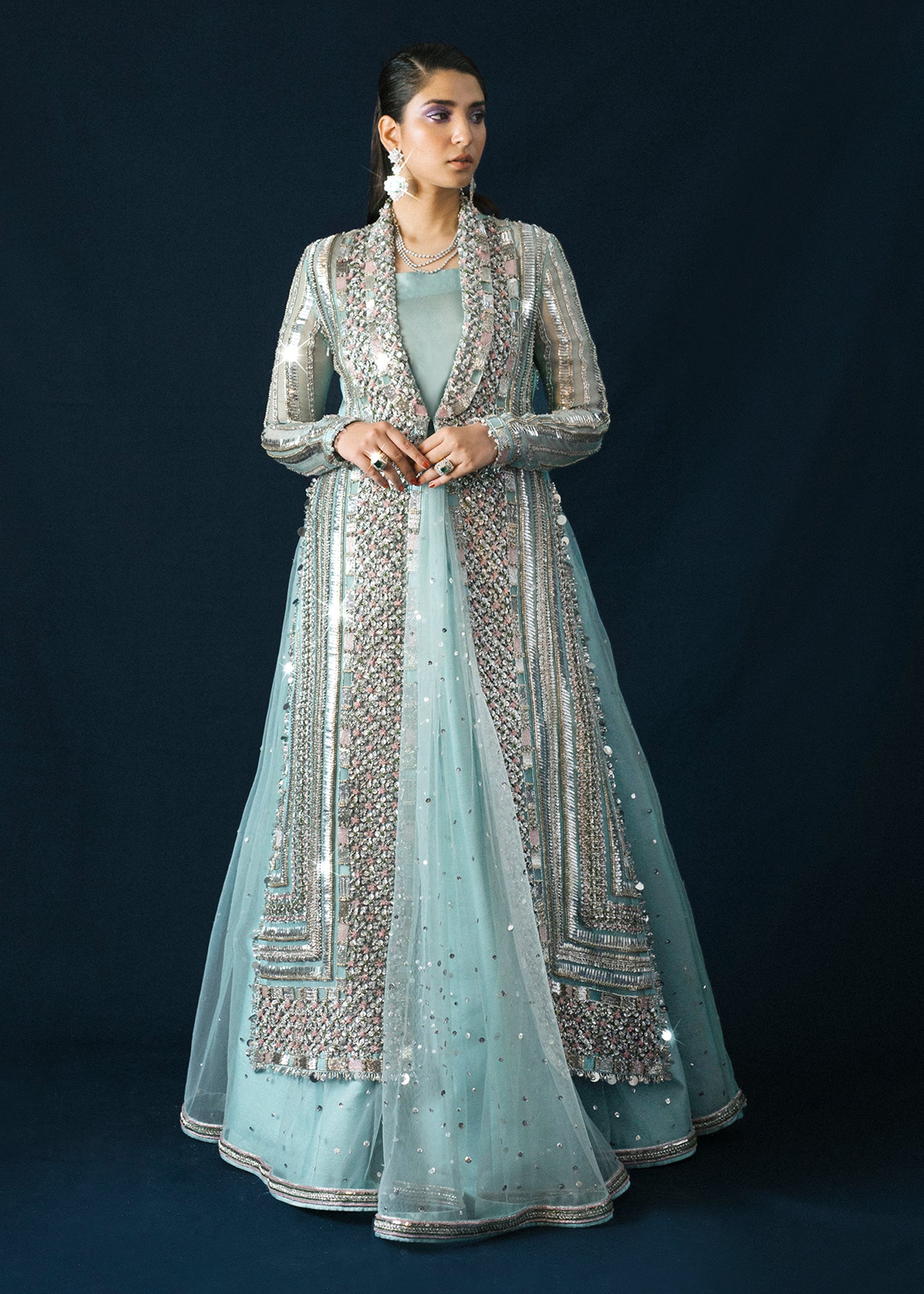 Pakistani Ice Blue Embellished Organza Jacket Lehenga (3-Piece) - Image 3