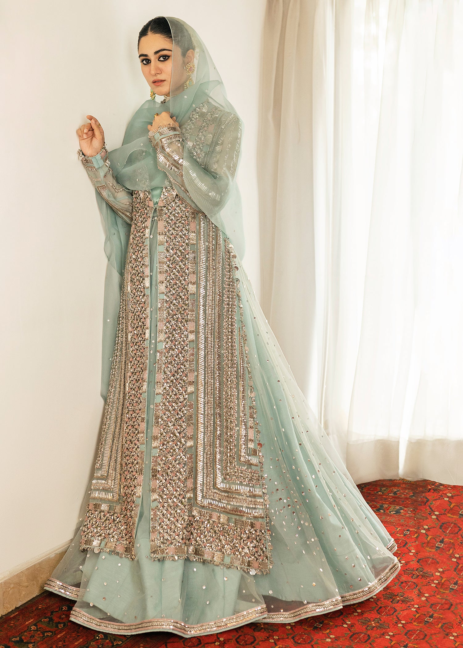 Pakistani Ice Blue Embellished Organza Jacket Lehenga (3-Piece) - Image 4