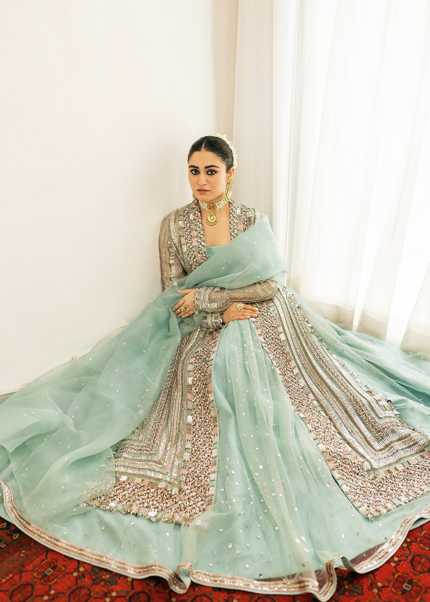Pakistani Ice Blue Embellished Organza Jacket Lehenga (3-Piece) - Image 5