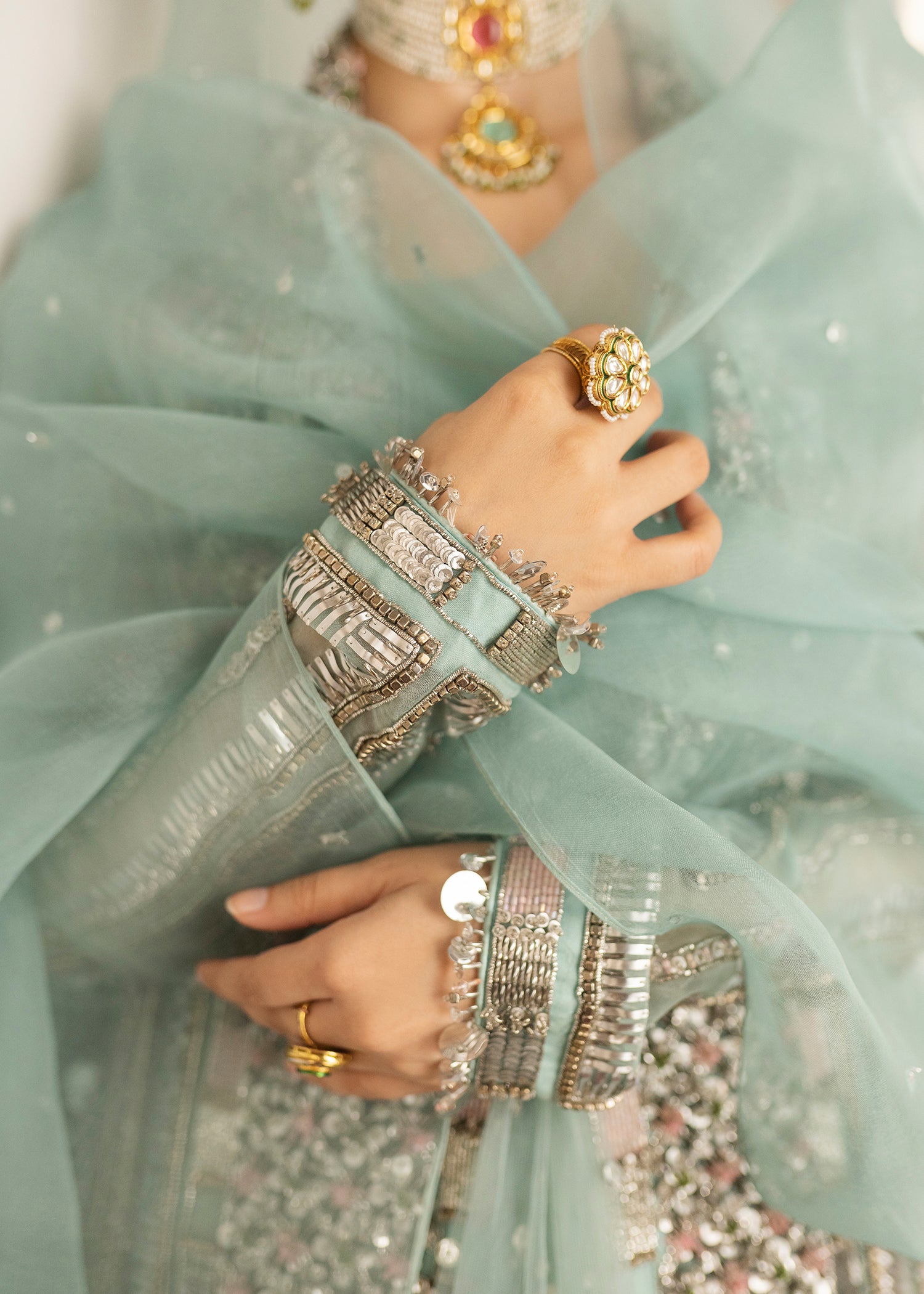 Pakistani Ice Blue Embellished Organza Jacket Lehenga (3-Piece) - Image 6