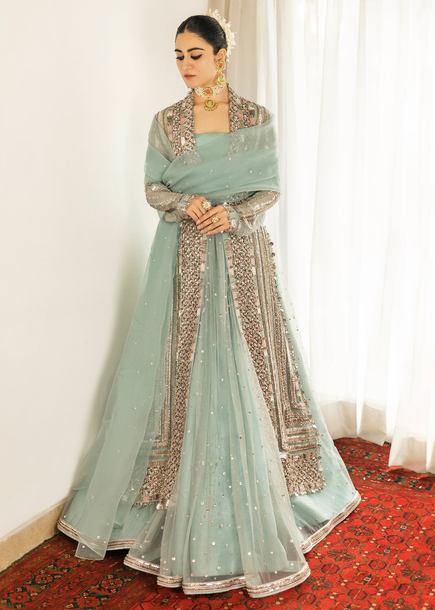 Pakistani Ice Blue Embellished Organza Jacket Lehenga (3-Piece) - Image 7