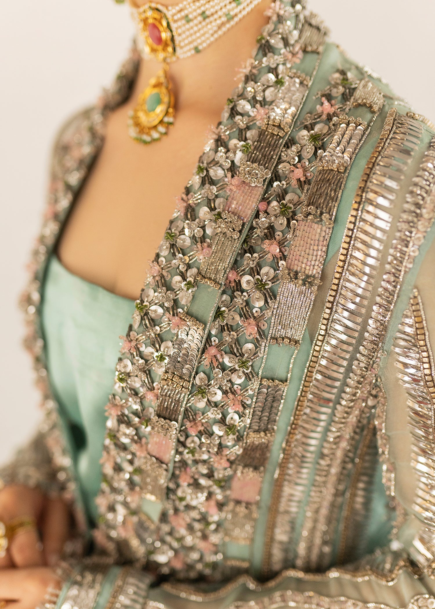 Pakistani Ice Blue Embellished Organza Jacket Lehenga (3-Piece) - Image 8