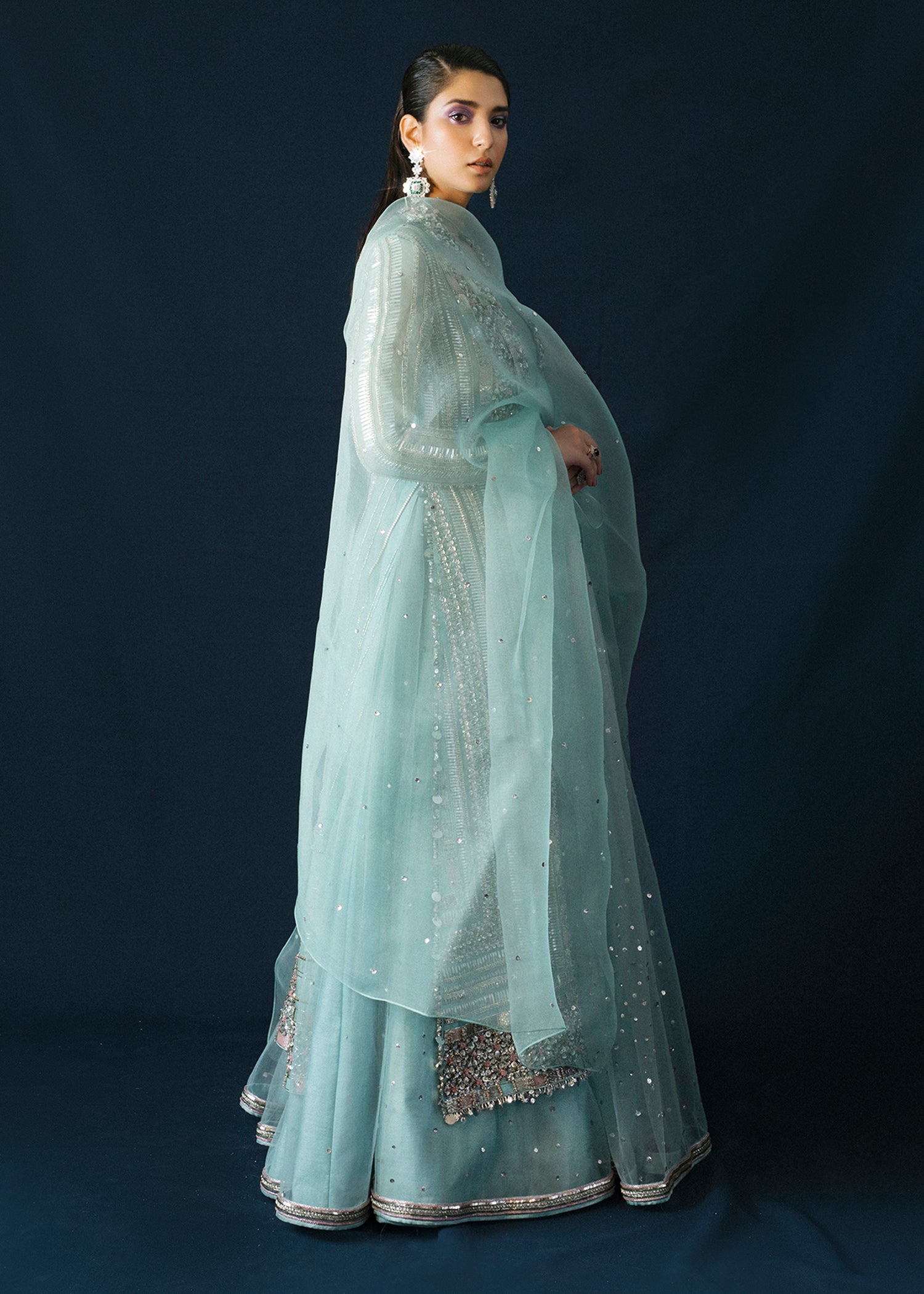 Pakistani Ice Blue Embellished Organza Jacket Lehenga (3-Piece) - Image 9