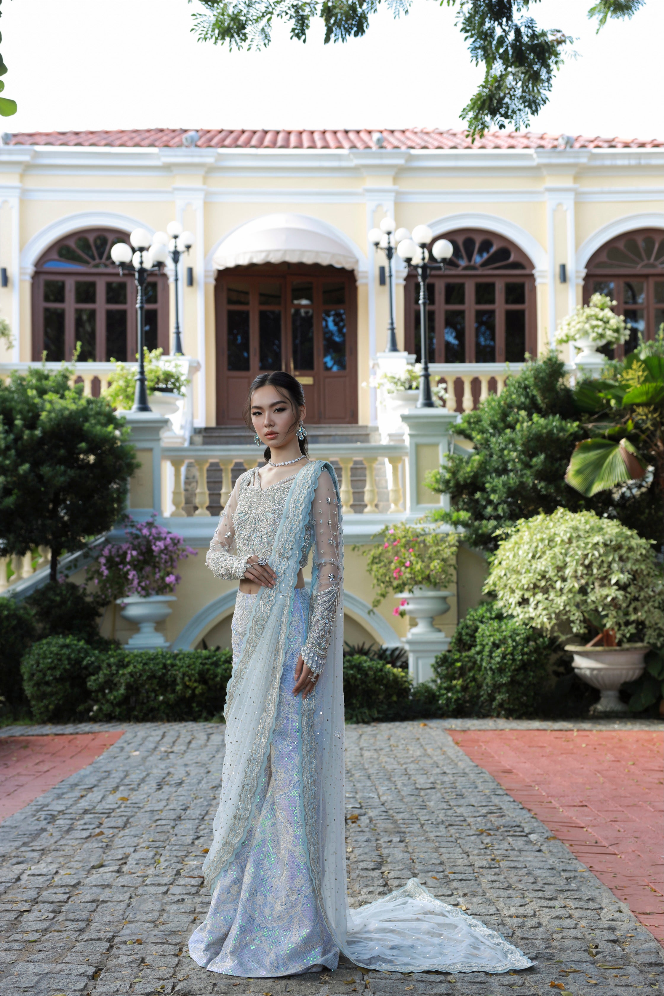 Indian Pastel Blue Embellished Raw Silk Lehenga (3-Piece) - Image 1