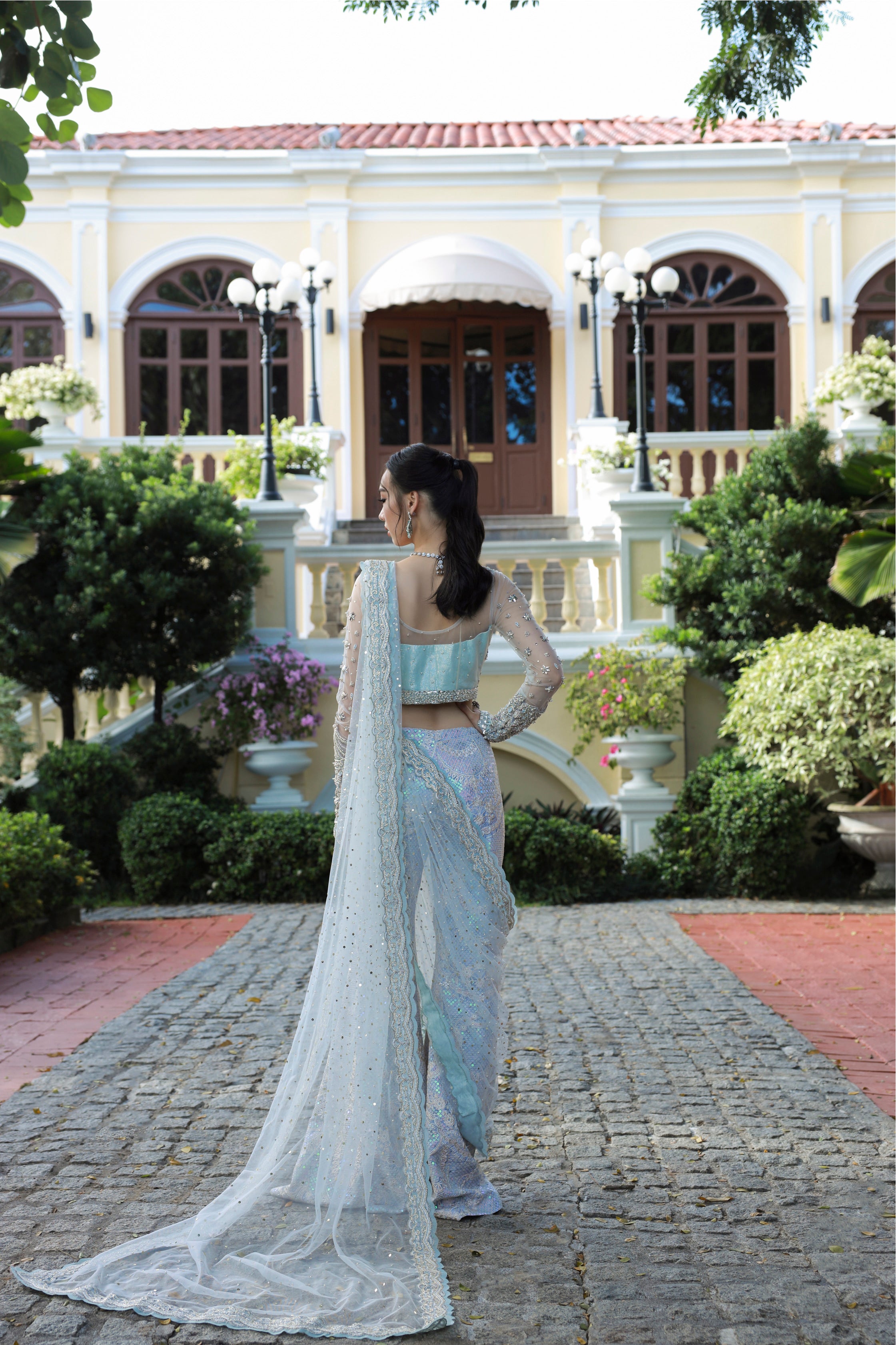 Indian Pastel Blue Embellished Raw Silk Lehenga (3-Piece) - Image 10
