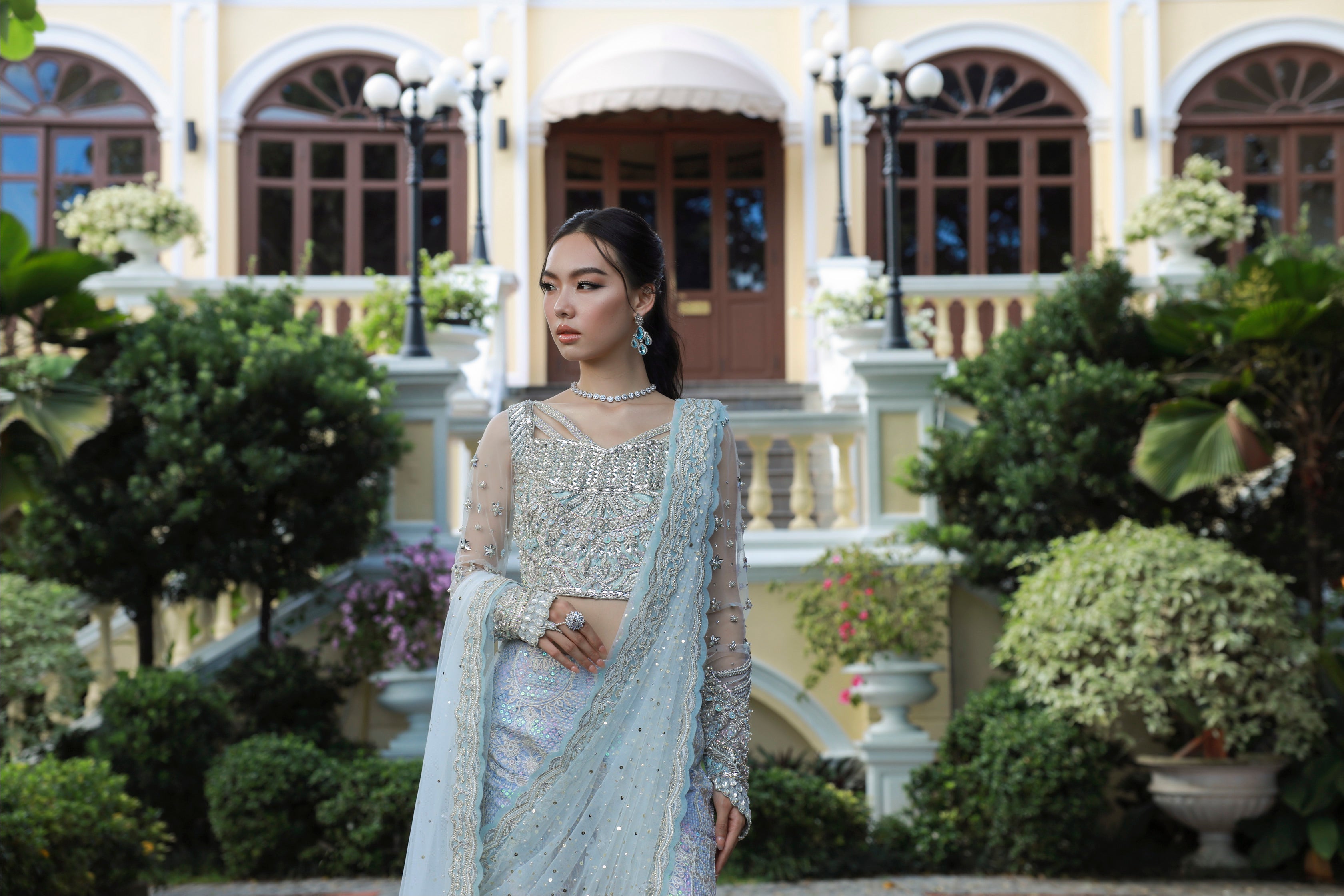 Indian Pastel Blue Embellished Raw Silk Lehenga (3-Piece) - Image 11