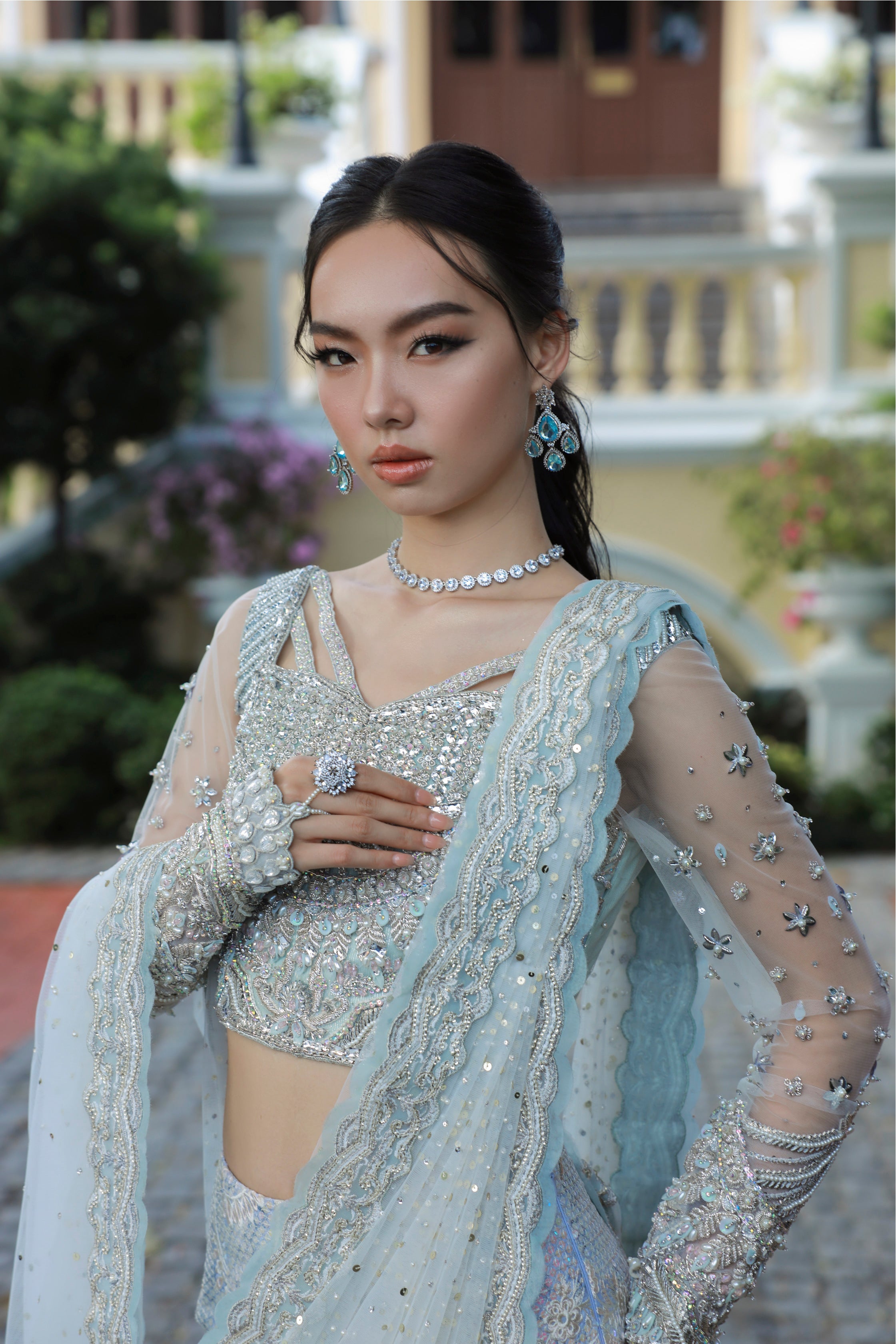 Indian Pastel Blue Embellished Raw Silk Lehenga (3-Piece) - Image 2