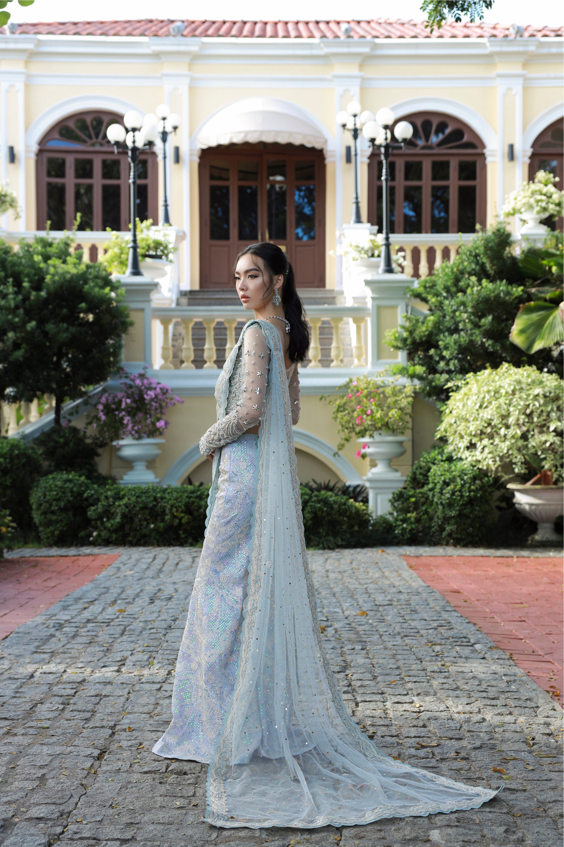 Indian Pastel Blue Embellished Raw Silk Lehenga (3-Piece) - Image 5