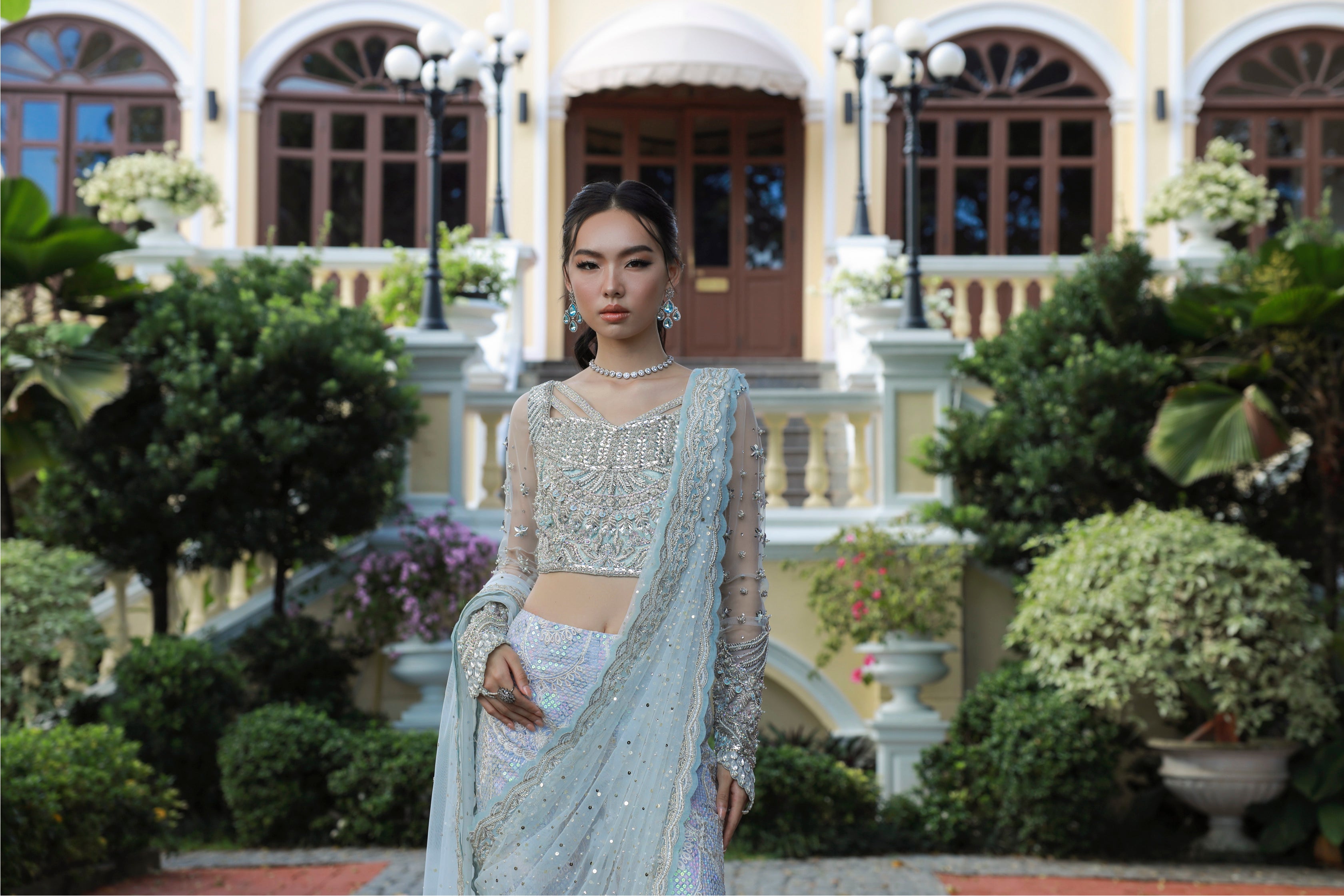 Indian Pastel Blue Embellished Raw Silk Lehenga (3-Piece) - Image 6