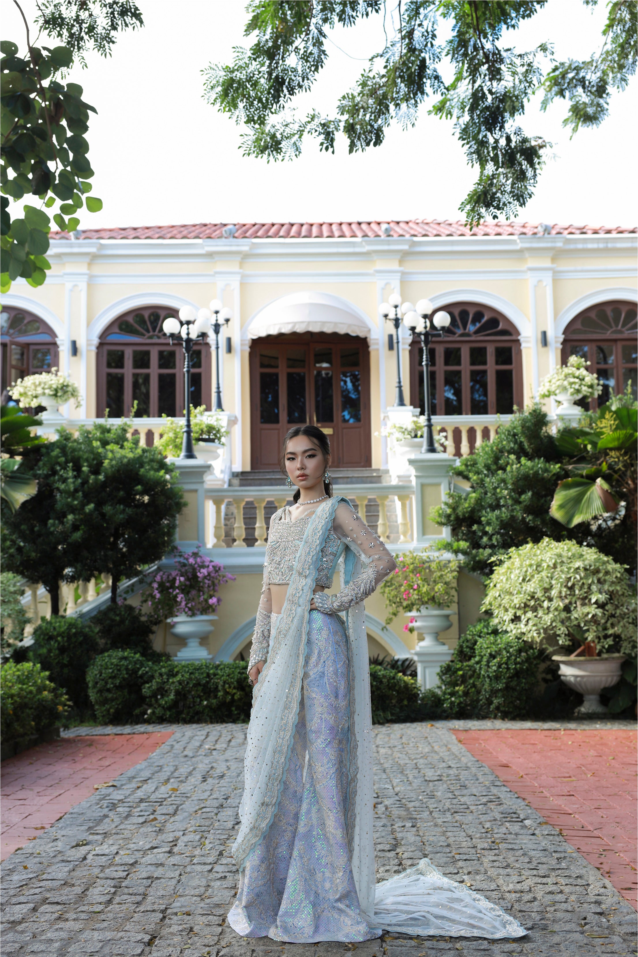 Indian Pastel Blue Embellished Raw Silk Lehenga (3-Piece) - Image 7