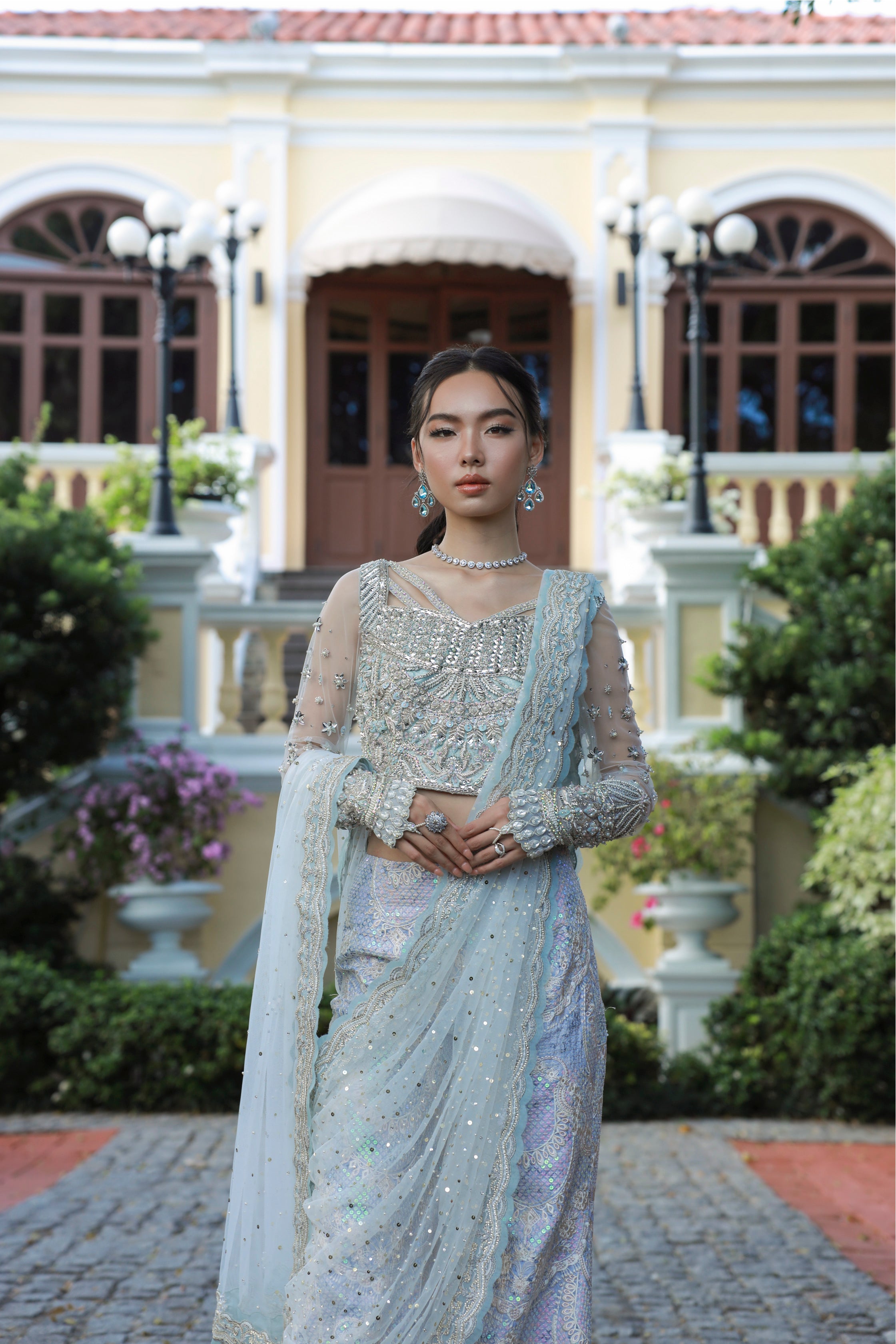 Indian Pastel Blue Embellished Raw Silk Lehenga (3-Piece) - Image 8