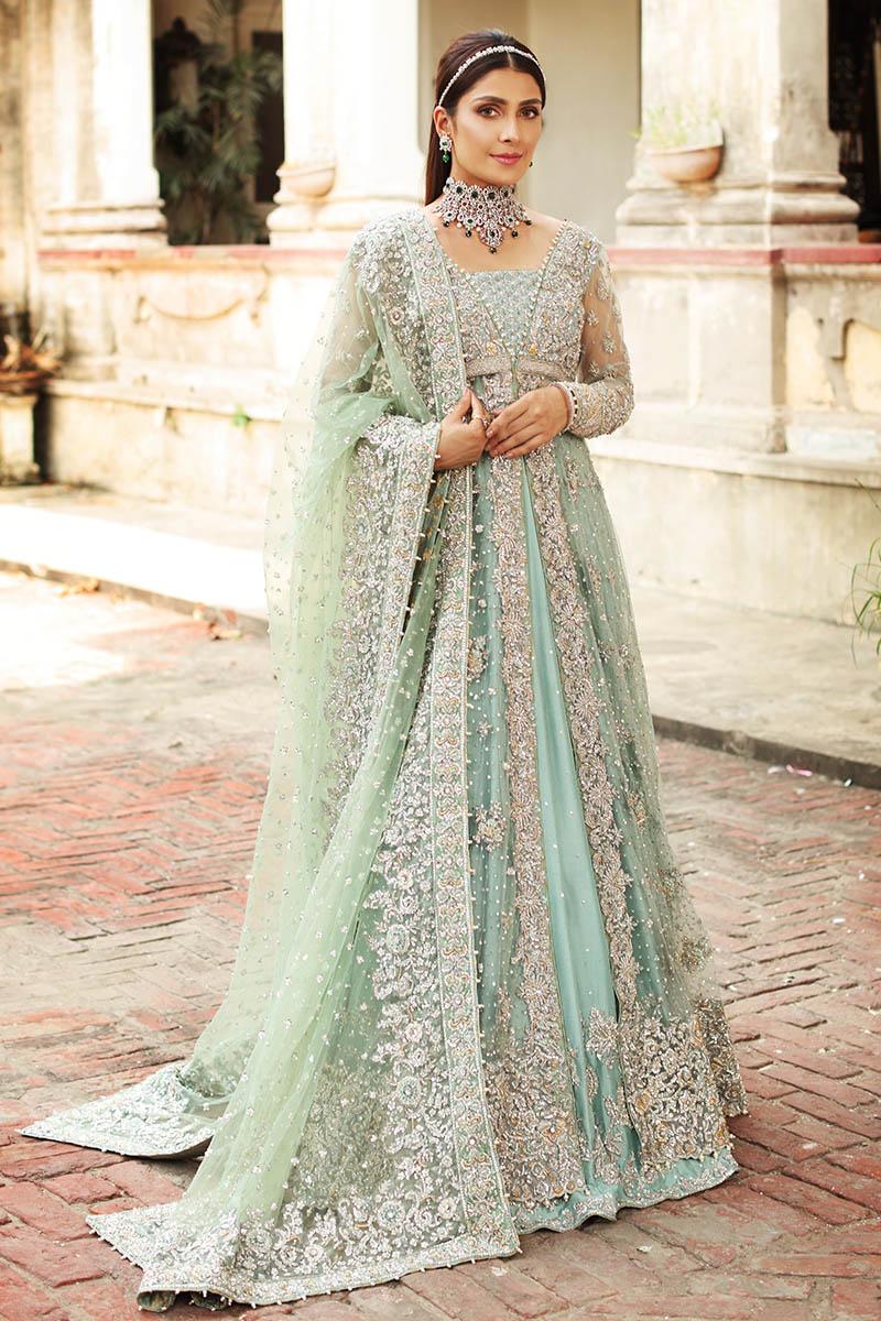 Pakistani Aqua Embroidered Net Gown with Raw Silk Lehenga (3-Piece) - Image 1