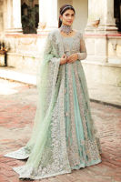 Pakistani Aqua Embroidered Net Gown with Raw Silk Lehenga (3-Piece) - Image 2