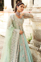 Pakistani Aqua Embroidered Net Gown with Raw Silk Lehenga (3-Piece) - Image 3
