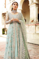 Pakistani Aqua Embroidered Net Gown with Raw Silk Lehenga (3-Piece) - Image 4