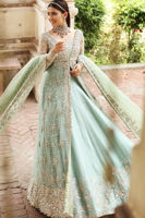 Pakistani Aqua Embroidered Net Gown with Raw Silk Lehenga (3-Piece) - Image 5