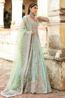 Pakistani Aqua Embroidered Net Gown with Raw Silk Lehenga (3-Piece) - Image 6