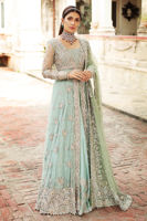 Pakistani Aqua Embroidered Net Gown with Raw Silk Lehenga (3-Piece) - Image 7