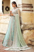 Pakistani Aqua Embroidered Net Gown with Raw Silk Lehenga (3-Piece) - Image 8