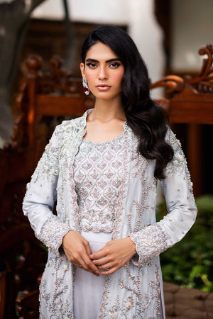 Pakistani Heather Blue Embroidered Raw Silk Jacket Lehenga (3-Piece) - Image 2