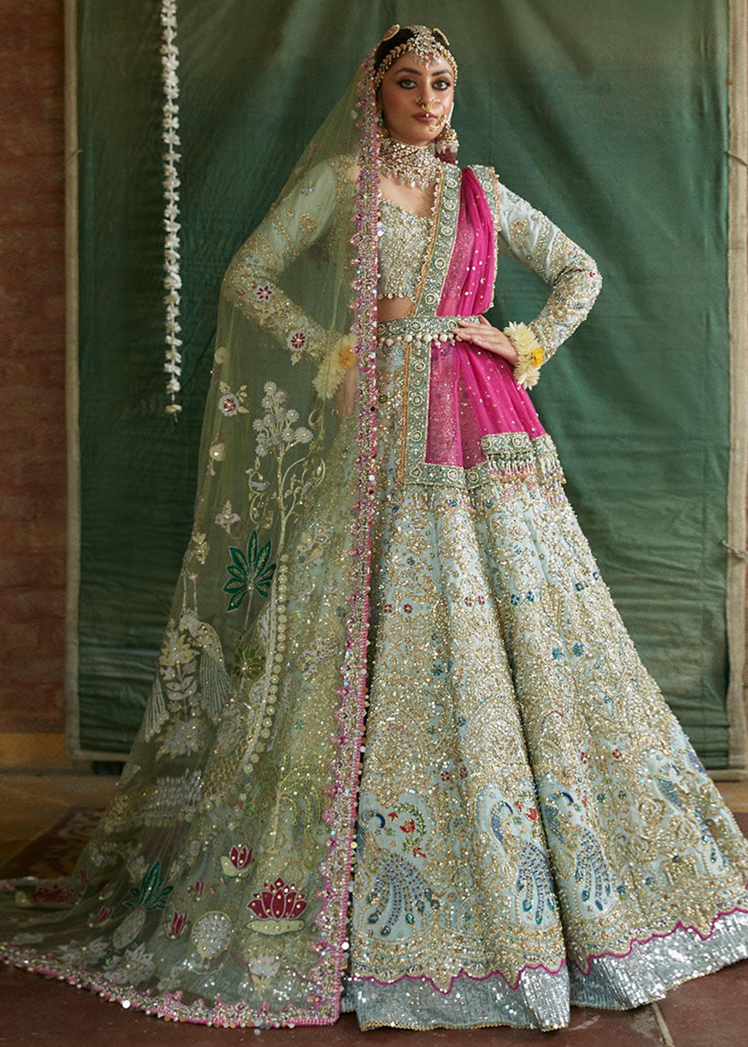 Aqua Hand-Embellished Raw Silk Lehenga Choli (3-Piece) - Image 1