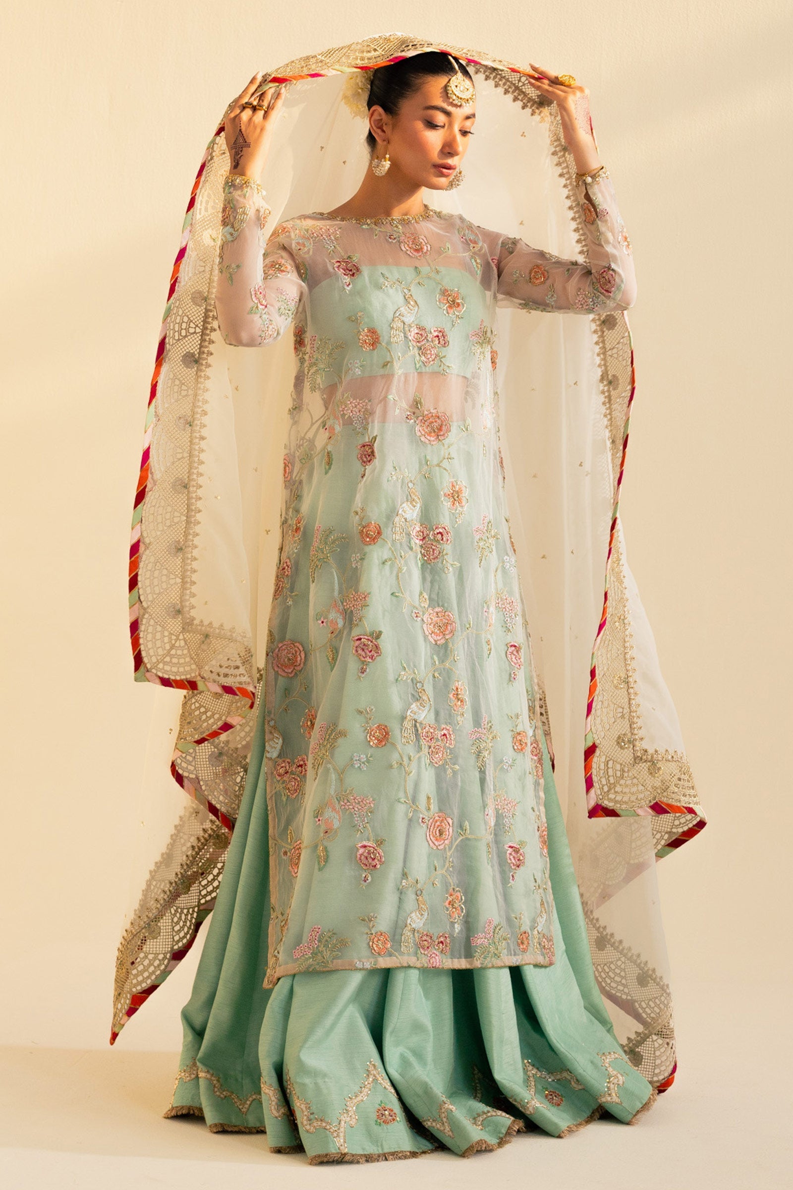 Pakistani Aqua Zardozi Naqshi Raw Silk Lehenga (3-Piece) - Image 1
