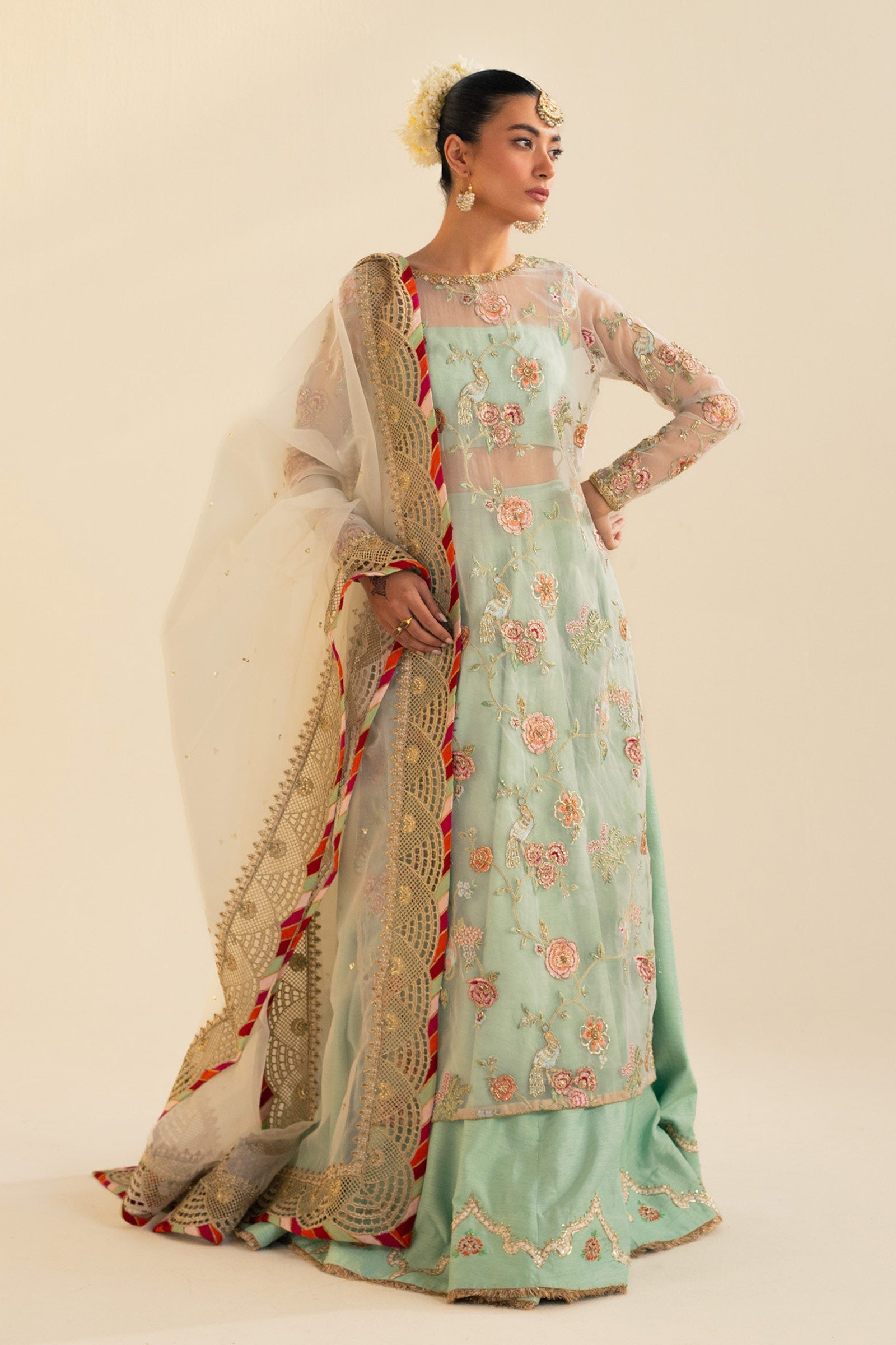 Pakistani Aqua Zardozi Naqshi Raw Silk Lehenga (3-Piece) - Image 2