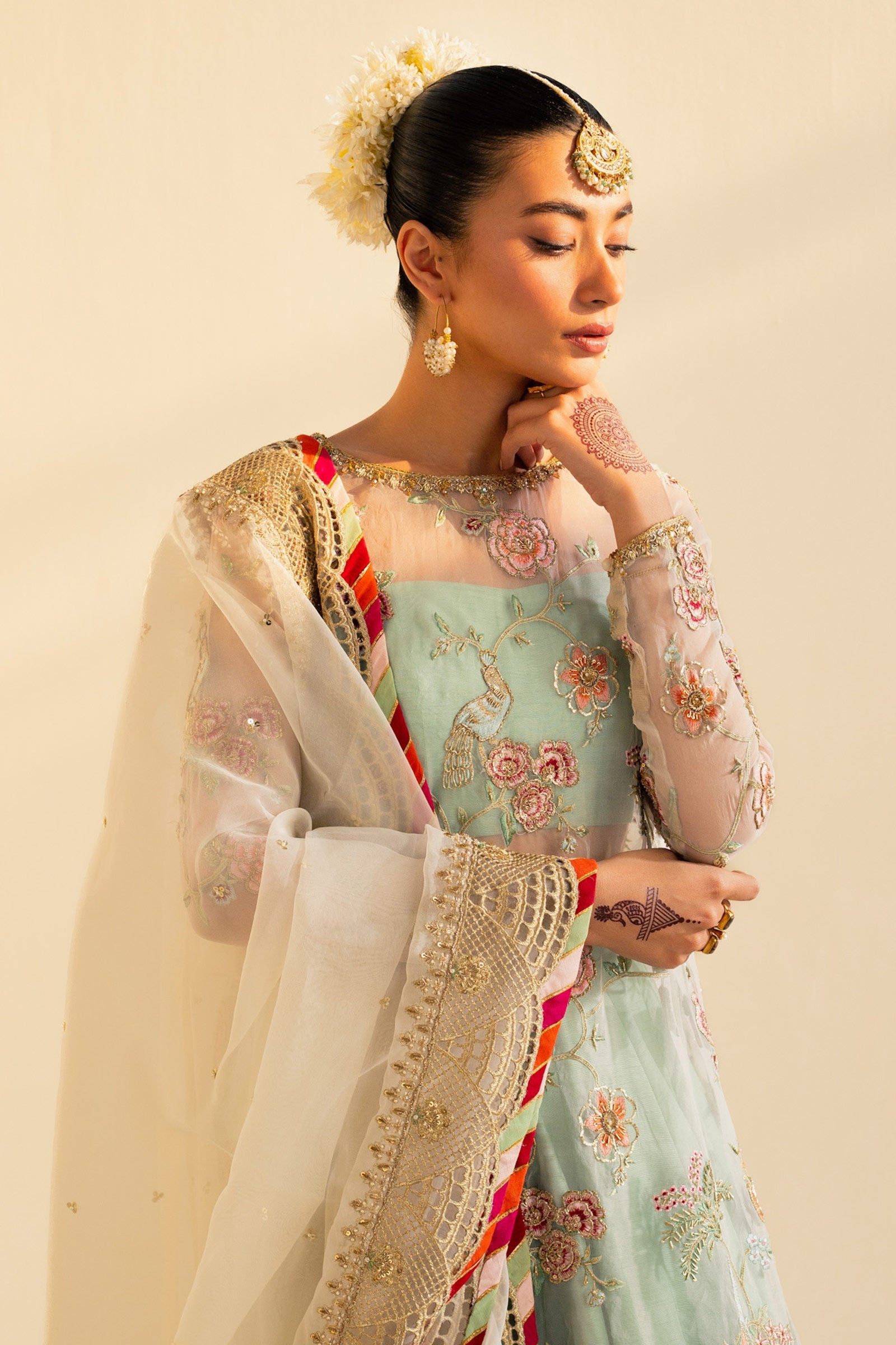 Pakistani Aqua Zardozi Naqshi Raw Silk Lehenga (3-Piece) - Image 3
