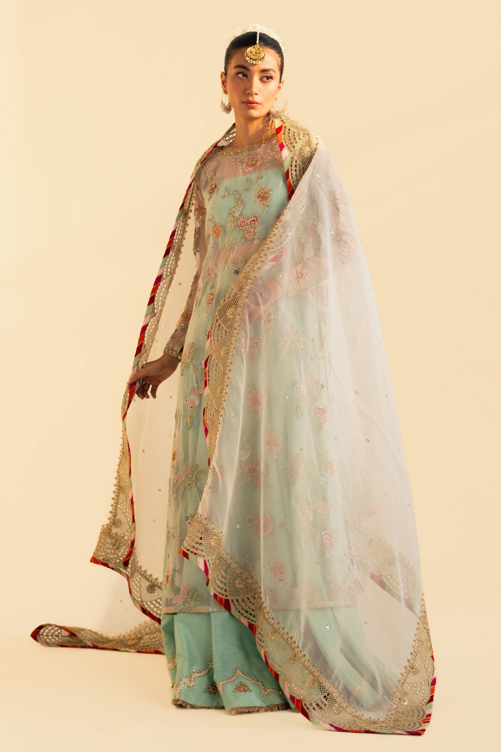 Pakistani Aqua Zardozi Naqshi Raw Silk Lehenga (3-Piece) - Image 4