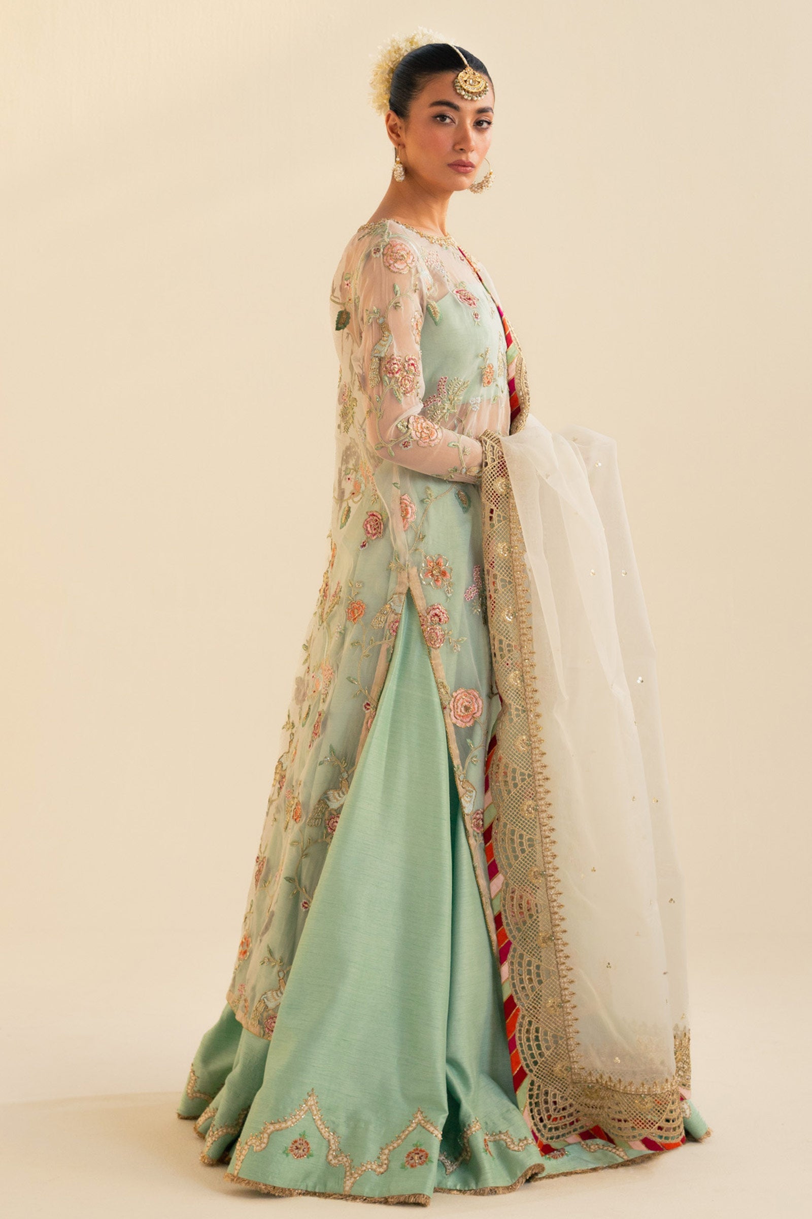 Pakistani Aqua Zardozi Naqshi Raw Silk Lehenga (3-Piece) - Image 6